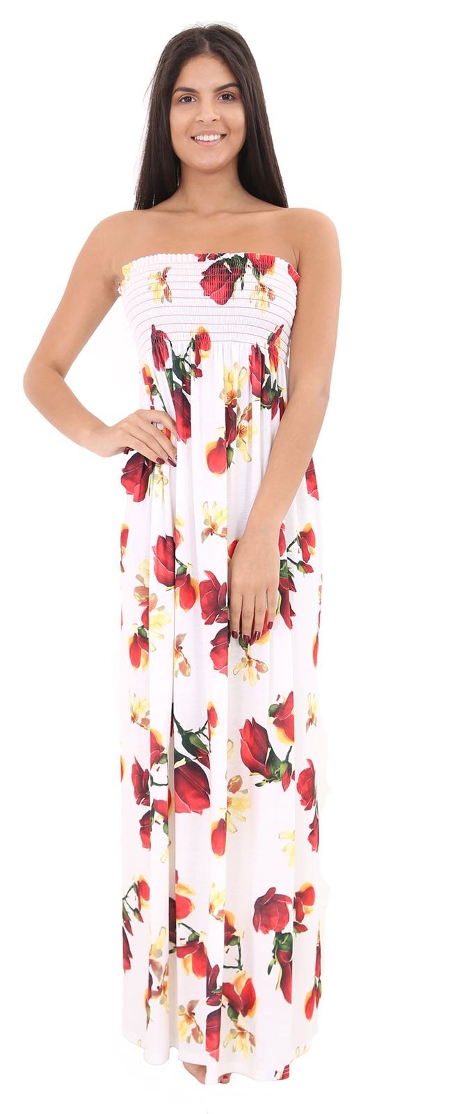 Girlzwalk Women's Cream Floral Strapless Maxi Dress Sheering Boob Tube Bandeau Printed Long Dress (, Xl 16-18)