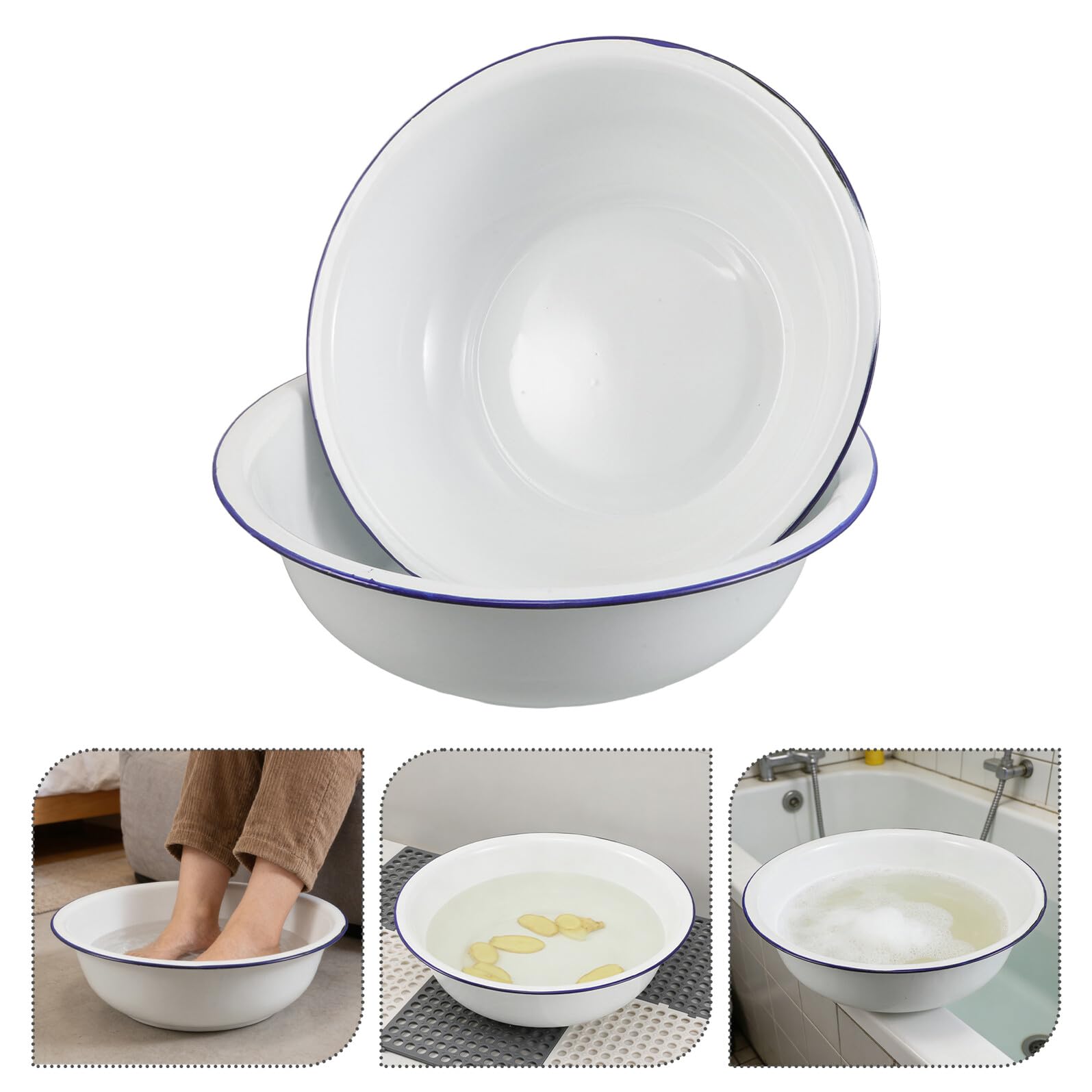 2 Stück Retro Emaille Fußbad mit Metallfüßen Großes Hitzebeständiges Fußwaschbecken 32/34cm Vielseitiges Vintage Fußbad Gesichtswaschbecken für Haushalt und Körperpflege