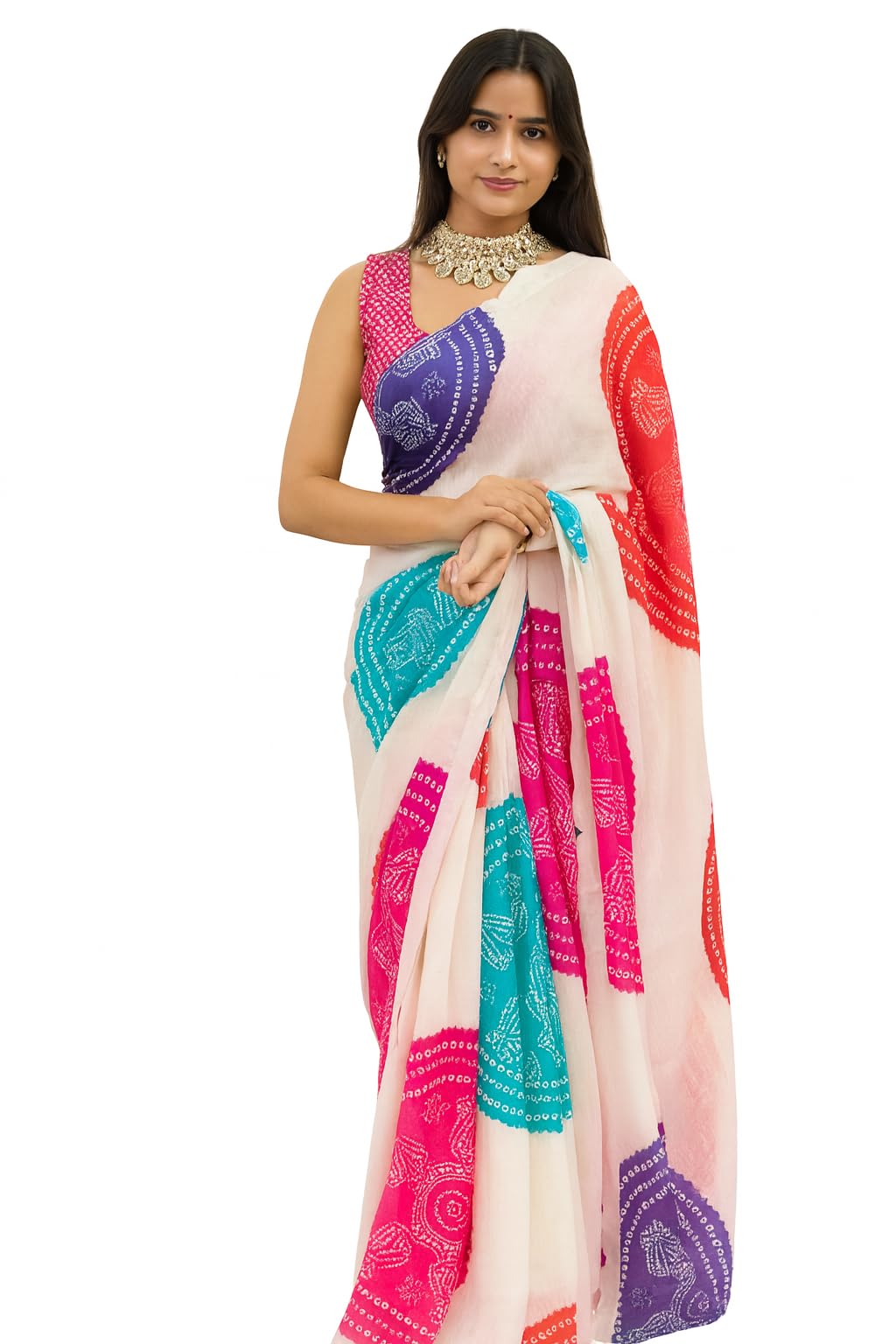Women's Multicolor Bandhani Printed Linen Saree with Blouse Piece, Traditional Rajasthani Design, Soft Lightweight Festival-image-38