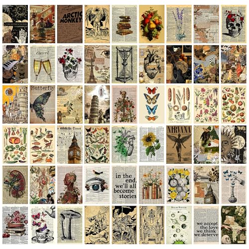Image of MODERN GALLERY MART Pack of 54 Aesthetic Vintage Wall Collage Kit Posters - 4 x 6 Inches Posters for Wall Decoration - Wall Art For Bedroom, Office, Living room, Dorm room - Glue Dots Include