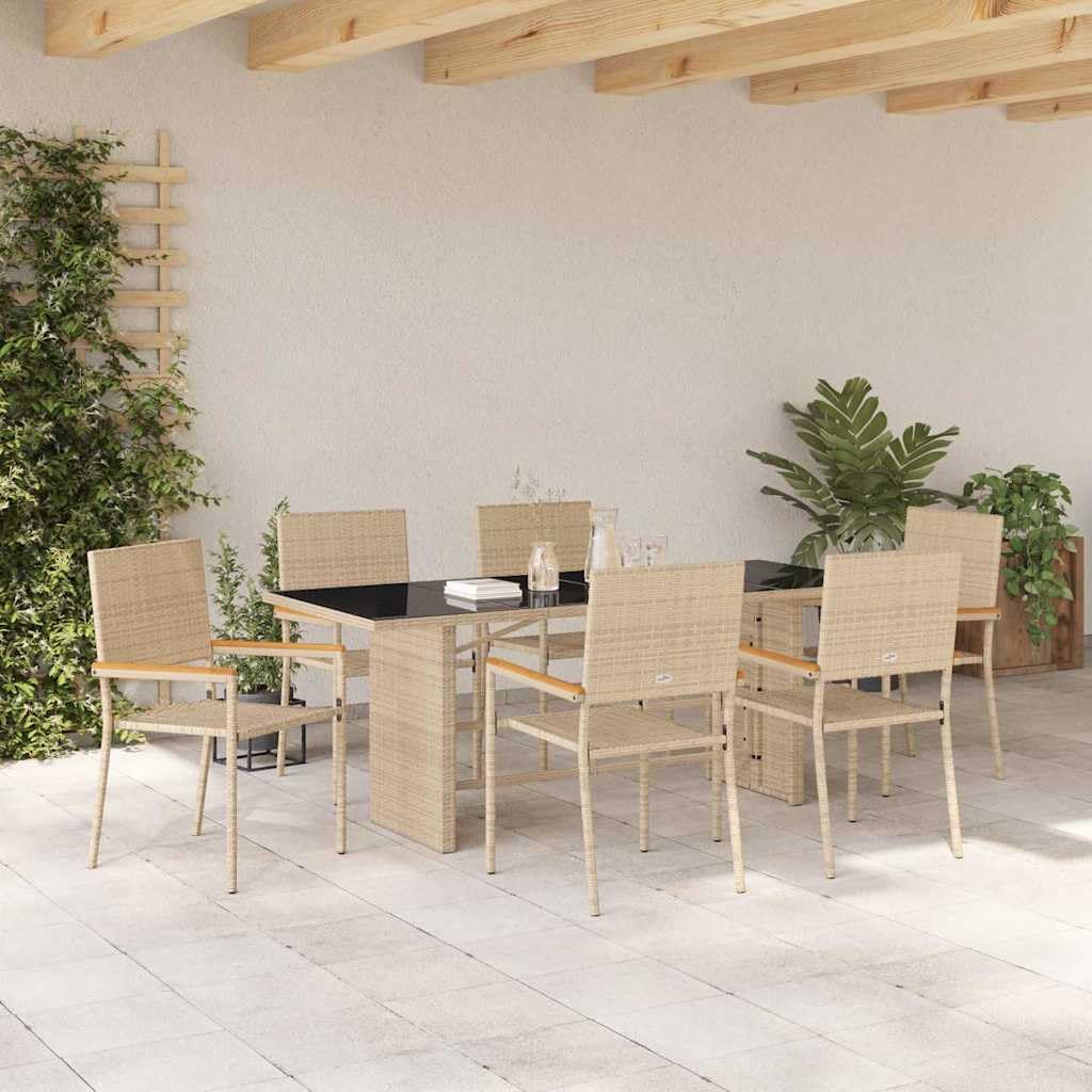 Zestaw do jadalni w ogrodzie 7 czesci Bezowy polirattany stol i krzesla tarasowe meble ogrodowe z podlokietnikami drewno akacjowe nowoczesny design 190x80x75 cm