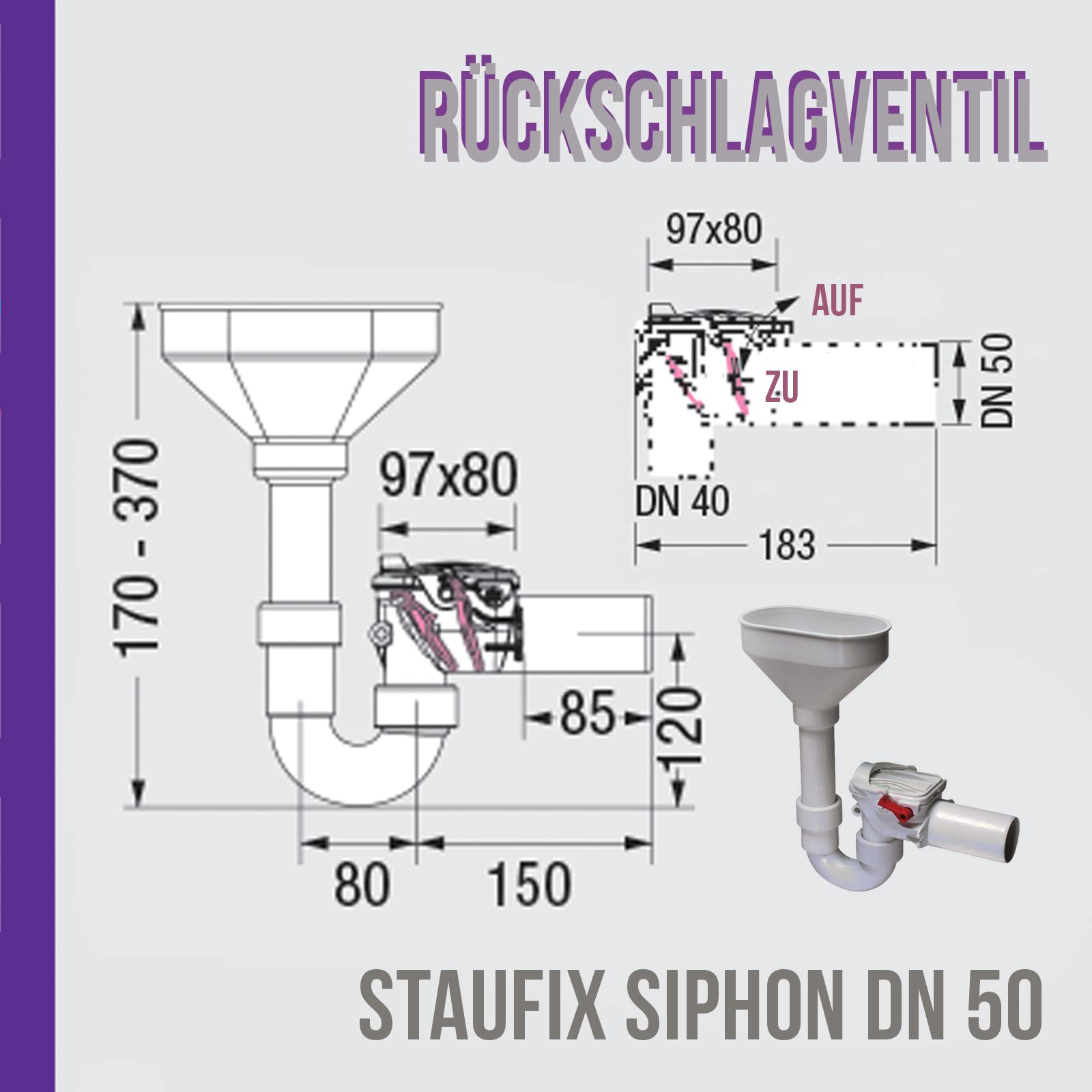 Kessel Staufix 73053 U-Geruchsverschluss mit Rückschlagklappe für Heizungsanlage Ø 50 mm