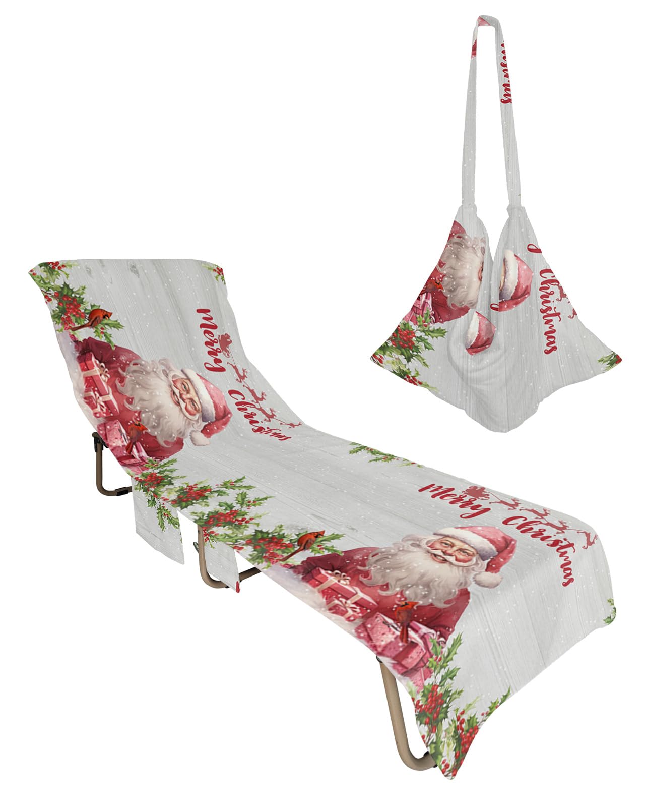 Pink Santa Christmas Beach Lounge Chair Towel Cover, Soft Chaise Lounge Towel with Side Pockets Patio Pool Chairs Cover for Beach/Pool Sunbathing 29x85 Xmas Tree Berry Winter Snowflake Gifts
