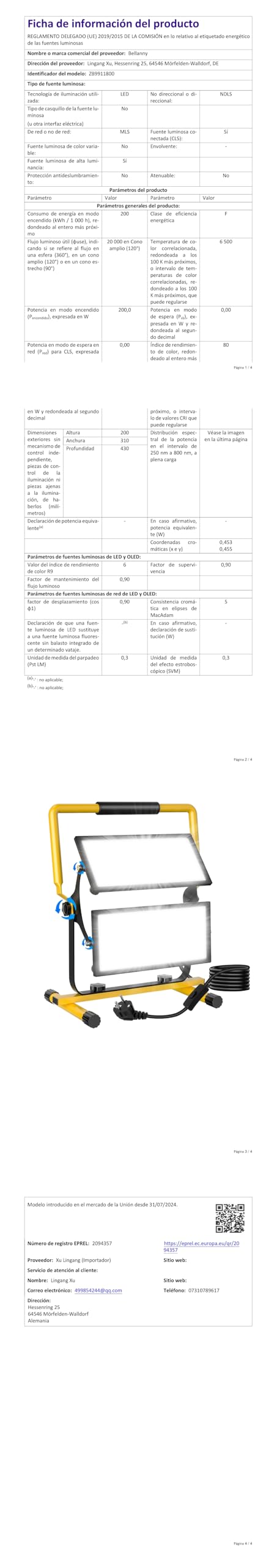 Foco de Trabajo LED 200W 20000LM Focos Proyector LED Portatil con Giratorio 360º, 6500K Blanco, Cable 3M, Impermeable IP66 Luz de seguridad para Interior y Exterior Jardín Obra Taller Garaje