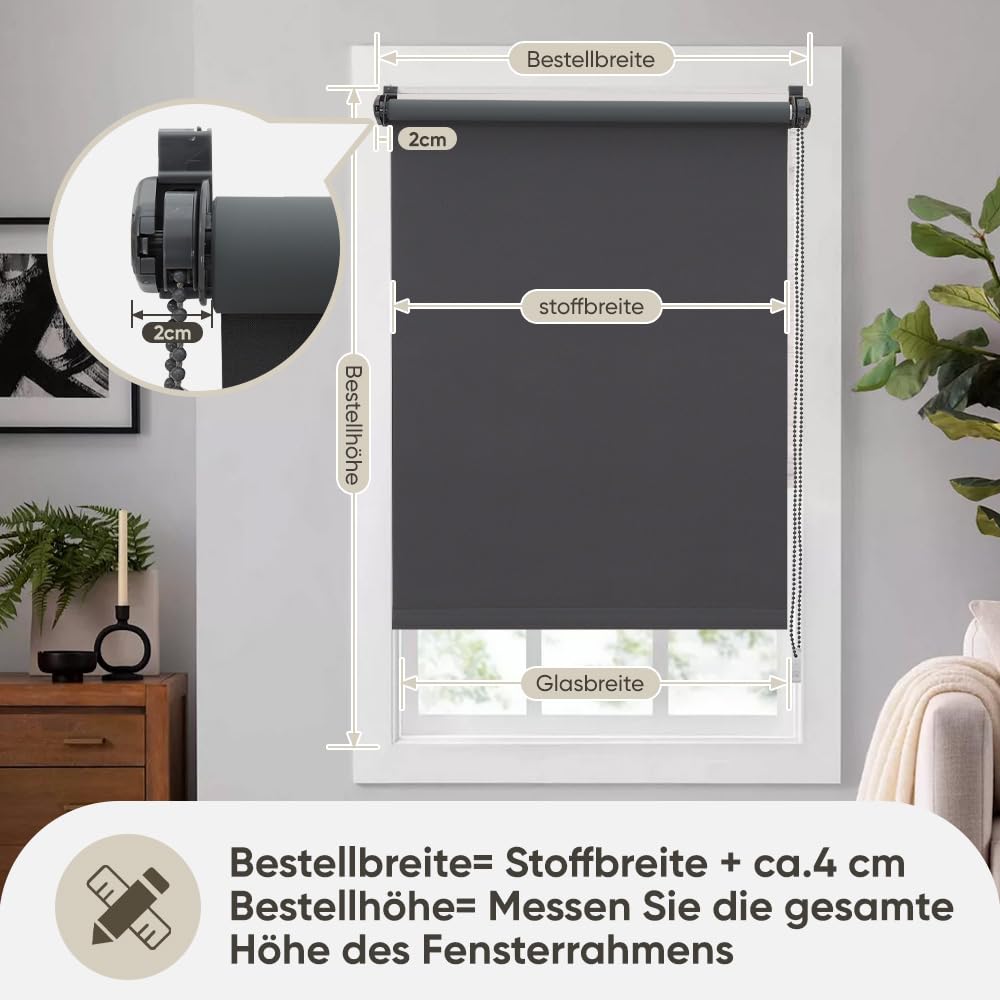 Sekey Verdunklungsrollo ohne Bohren Klemmfix 130 cm breit, Seitenzugrollo Hitzeschutz Sichtschutz und Sonnenschutz Wandmontage Deckenmontage Klemmrollo für Fenster & Tür, 130 x 150cm, Grau