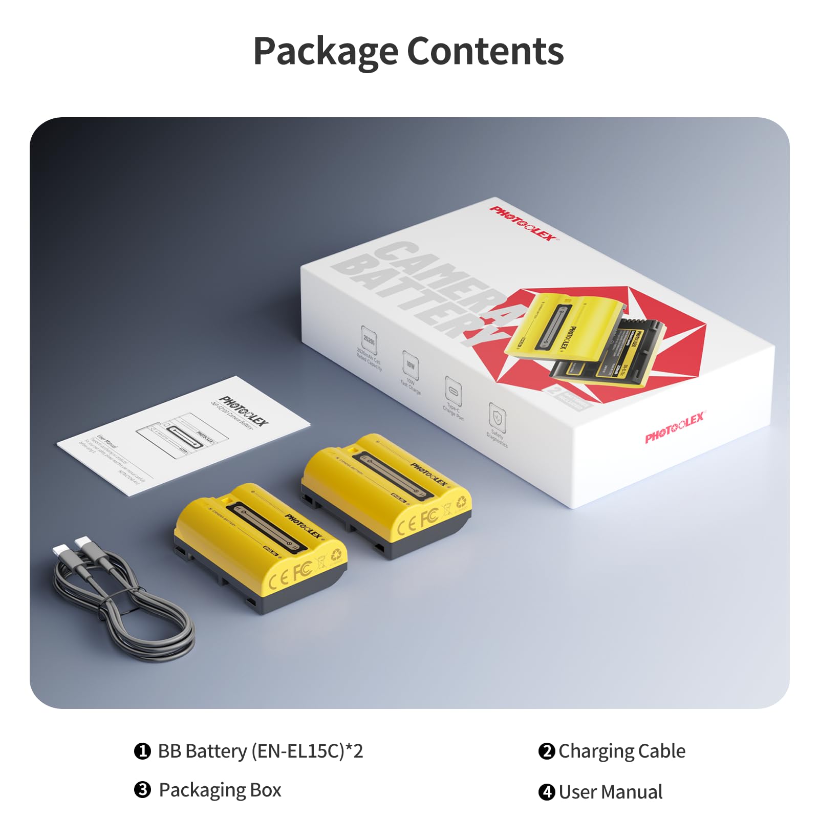PHOTOOLEX 2er-Pack EN-EL15c Kamera-Akku, 2520 mAh USB-C Schnellladefunktion wiederaufladbarer Ersatzakku kompatibel mit Nikon ZR Z8 Zf Z6iii Z7II Z7 Z 6II Z6 Z5 D850 D810 D810A D780 D750 D7500 D7200