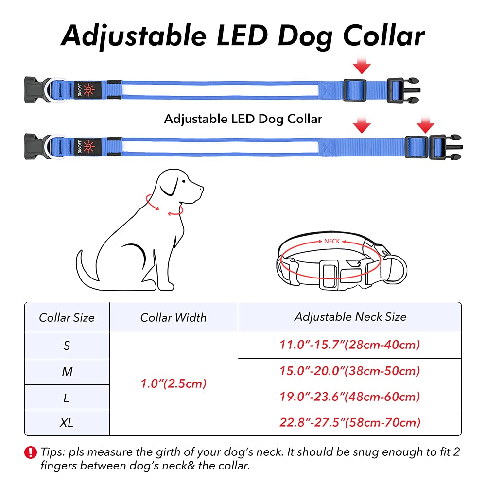 BSEEN Collar de perro con luz LED reflectante, recargable, resistente al agua, brilla en la oscuridad, para perros pequeños, medianos y grandes (azul rey, mediano)