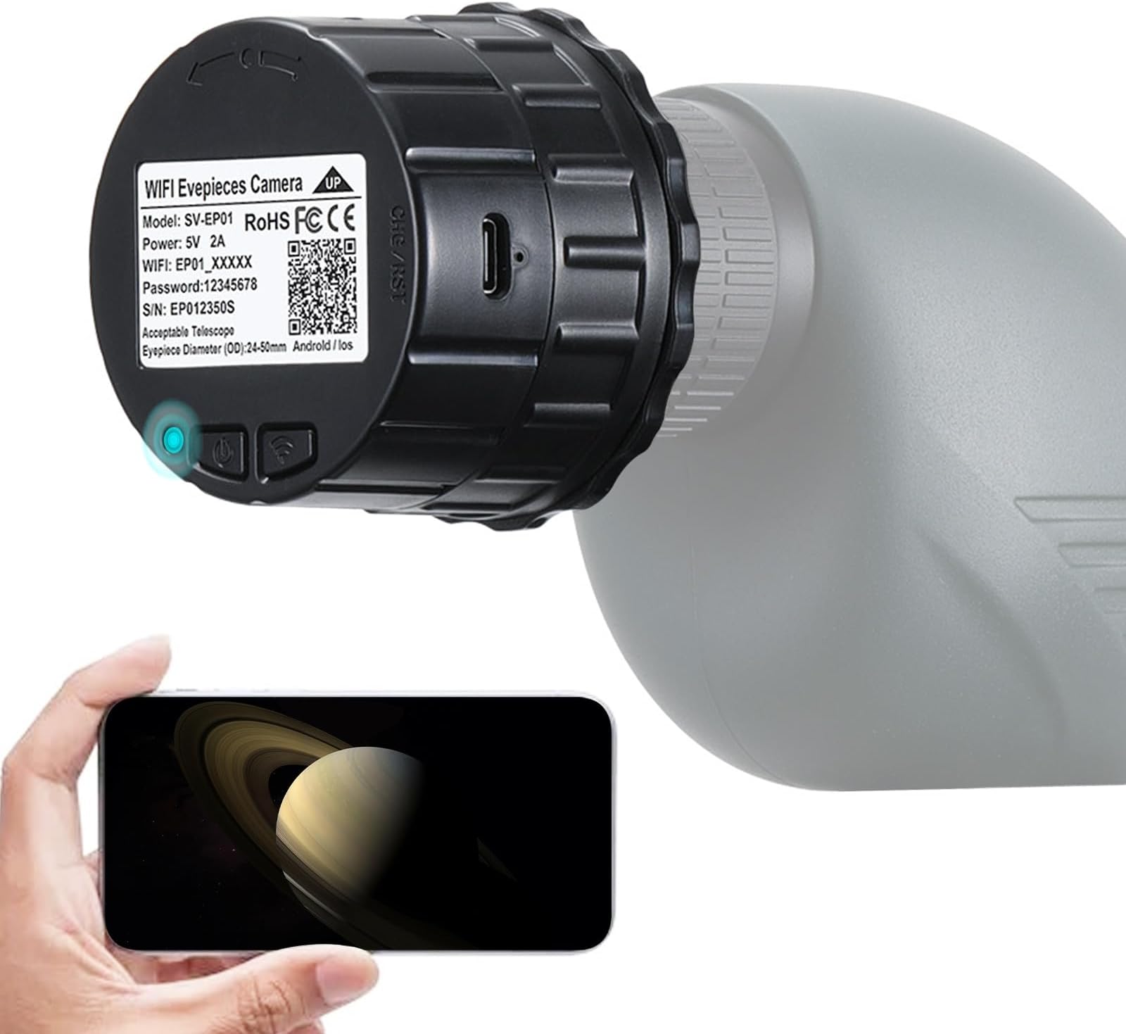 WiFi Eyepiece Telescope Camera with 2.5K Video Recording Suitable for 24mm-50mm Optical Telescope Microscope and Monocular Binocular, Astrophotography Camera