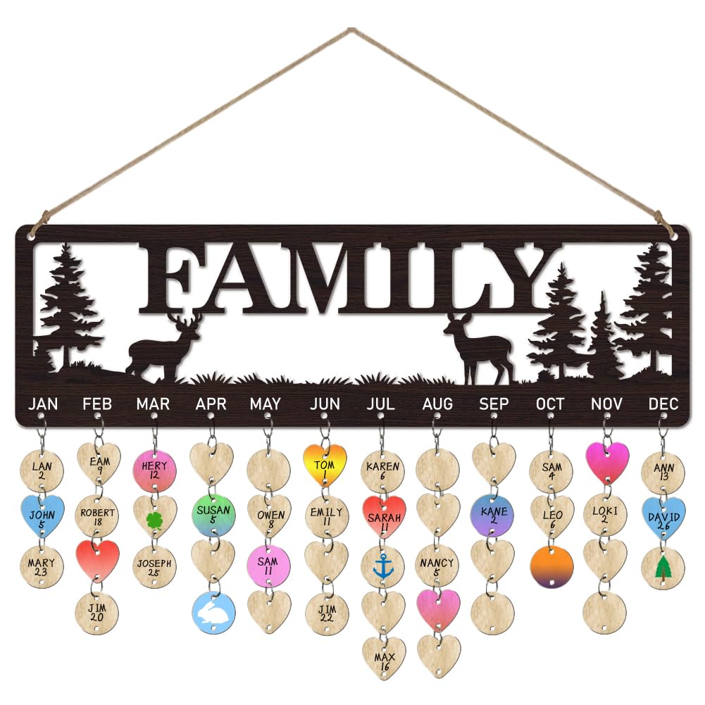 arricraft Wooden Birthday Reminder Calendar, 40x12cm/15.7"x4.7" Family Forest Deer Birthday Anniversary Reminder Wood Plaque with 100pcs Wood Tags for DIY Birthday Tracker Family Wall Decor