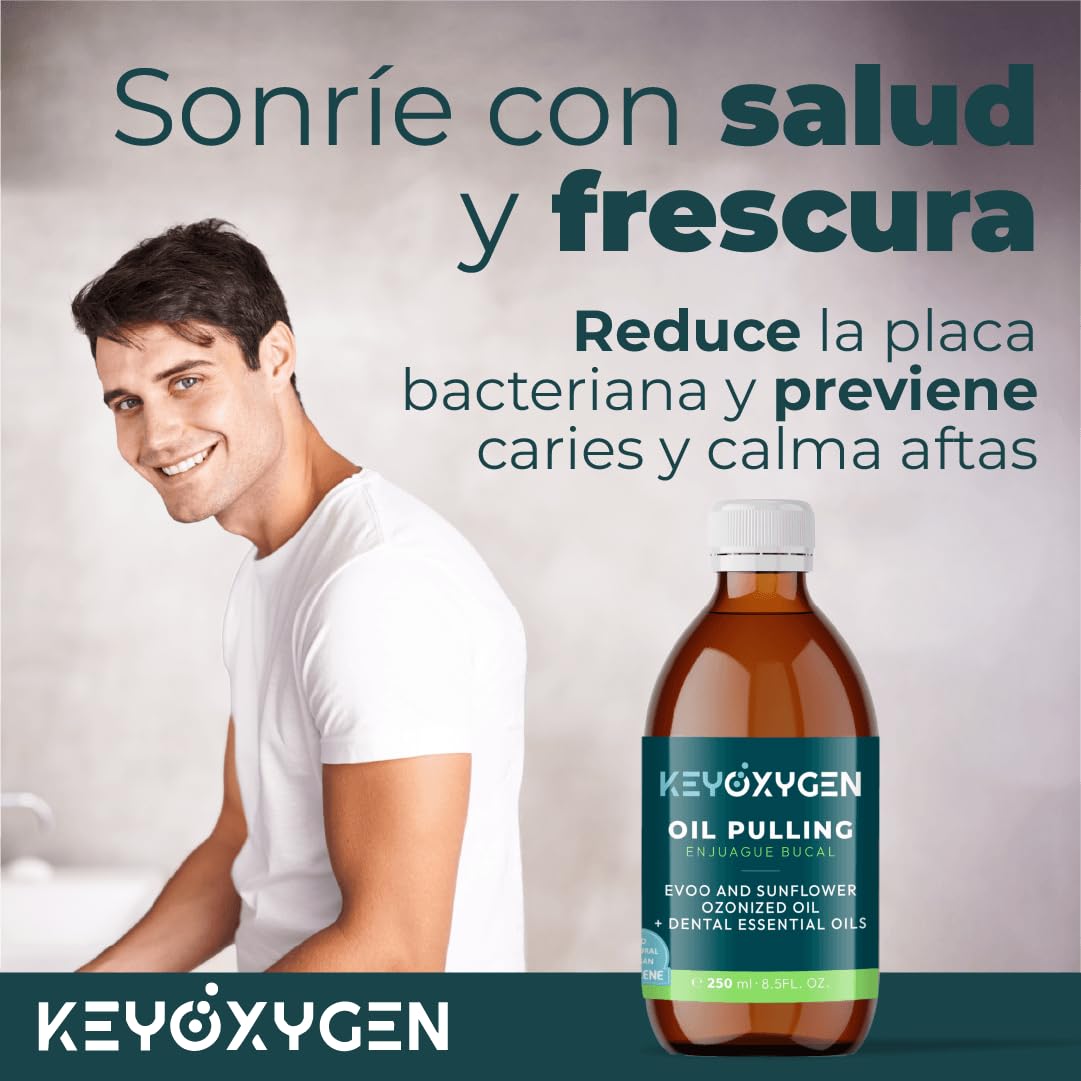 Enjuague Bucal Oil Pulling sin Alcohol Natural para Encias y Dientes con Aceite de Oliva Virgen Extra y Girasol Ozonizados + Aliento fresco y Cuidado de la Mucosa Bucodental