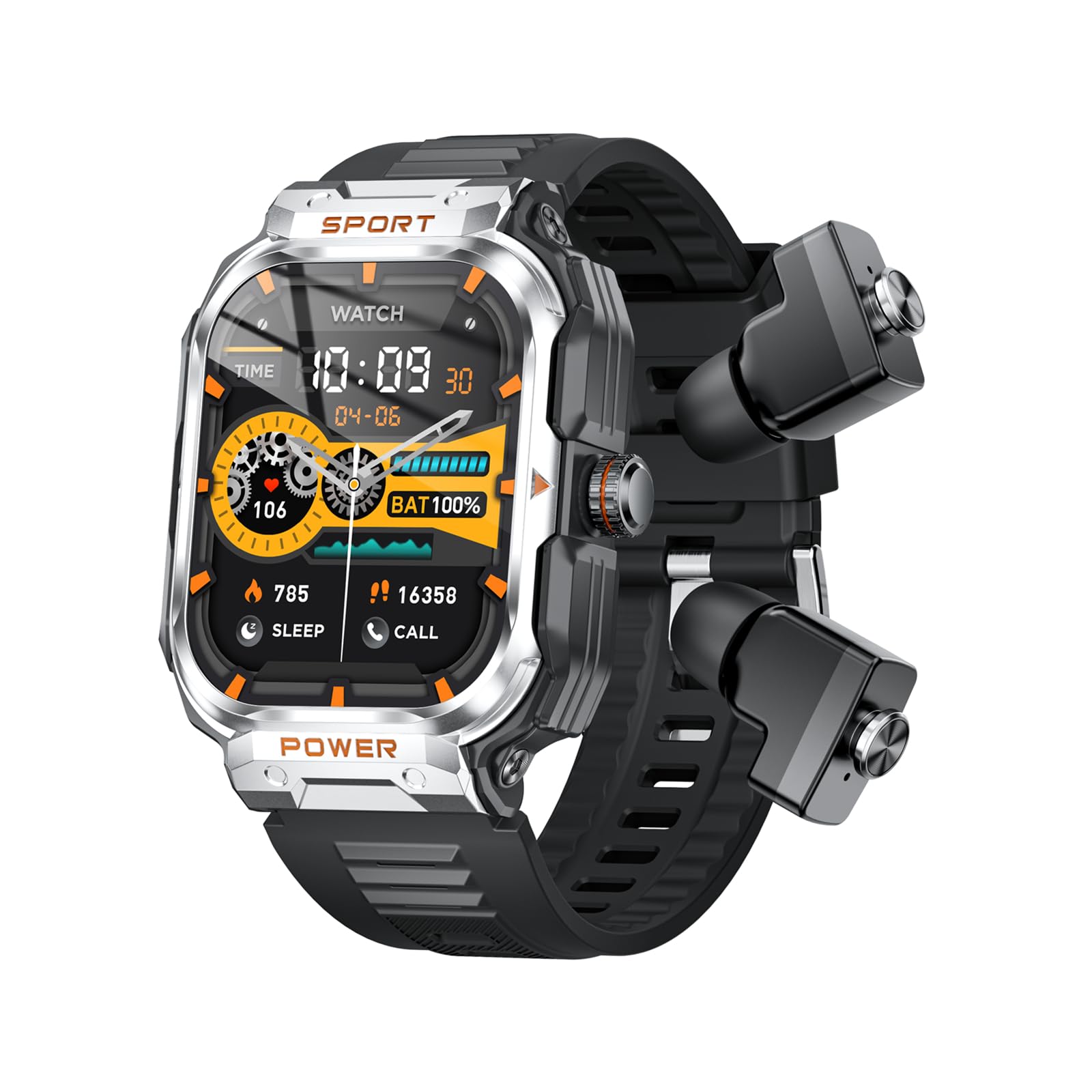 GT55 - Smartwatch militare con auricolari, robusto, tattico, con cuffie TWS, Bluetooth, chiamate, sport, attività all'aperto, fitness, monitoraggio della salute, orologio musicale per iPhone e Android