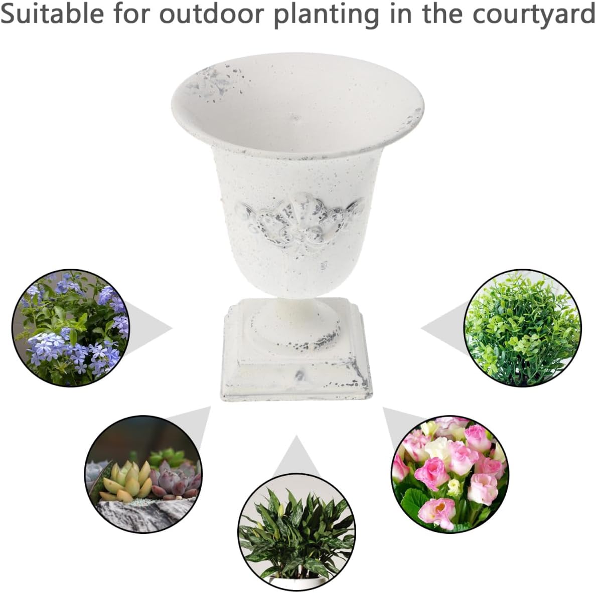 POPETPOP Urn Planters for Outdoor Plants : Iron Urn Flower Pot Decorative Flower Vase for Balcony Patio Garden Desktop, 7.47X5.89X5.89in (White)