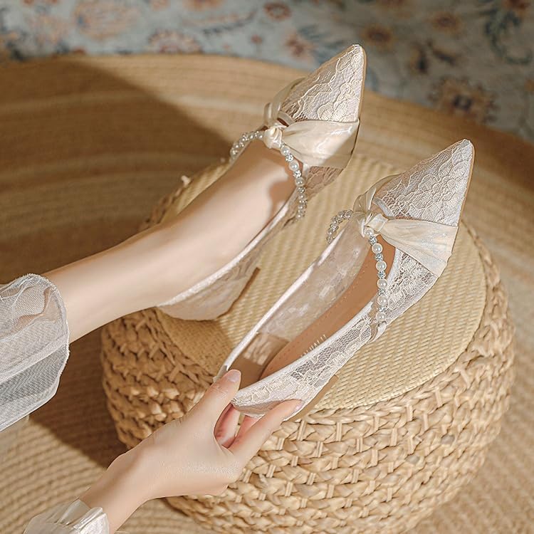 Lace Ballet Flats for Women Pointed Toe Slip On Floral Lace Flat Comfy Dressy Rhinestones Lace Ivory Wedding Bride Shoe