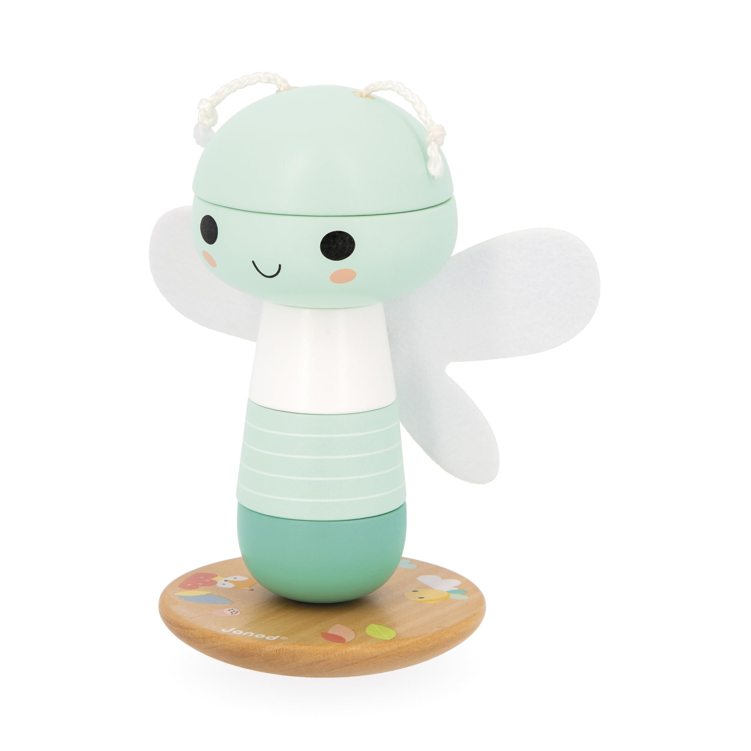 Janod, Stackable Wooden Culbuto Libélulle, Wooden Early Learning Toy, 5 Stacking Pieces with Felt Wings, Stacking Tower - Image 3