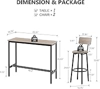 Vista 3 de Juego de mesa y silla de bar industrial para 2 mesas y taburetes de altura de mostrador con respaldo, mesa de comedor rectangular, juego de 3