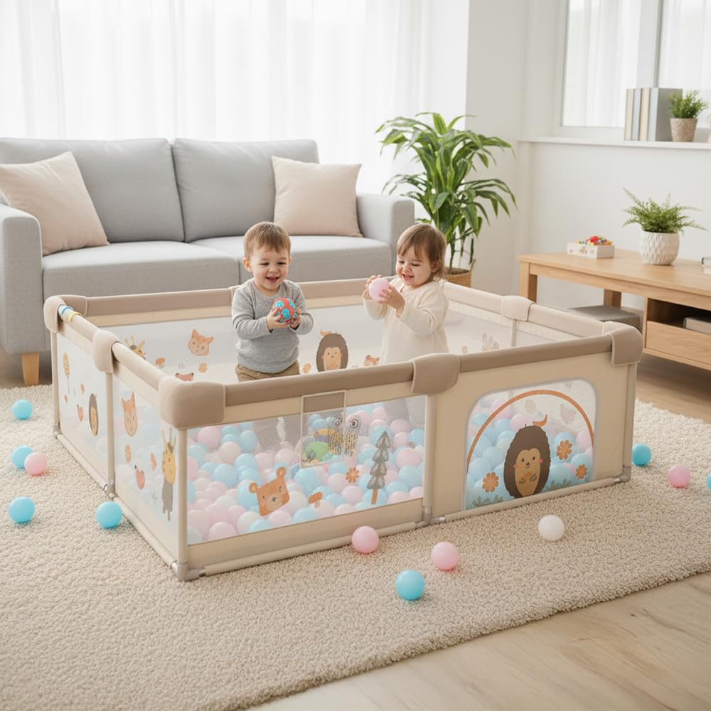 SELVA 150 x 180 – Corralino per bambini con rete di animali traspirante – Corral pieghevole Baby antiscivolo – Tappeto imbottito + 2 anelli (150 x 180 cm, foresta)