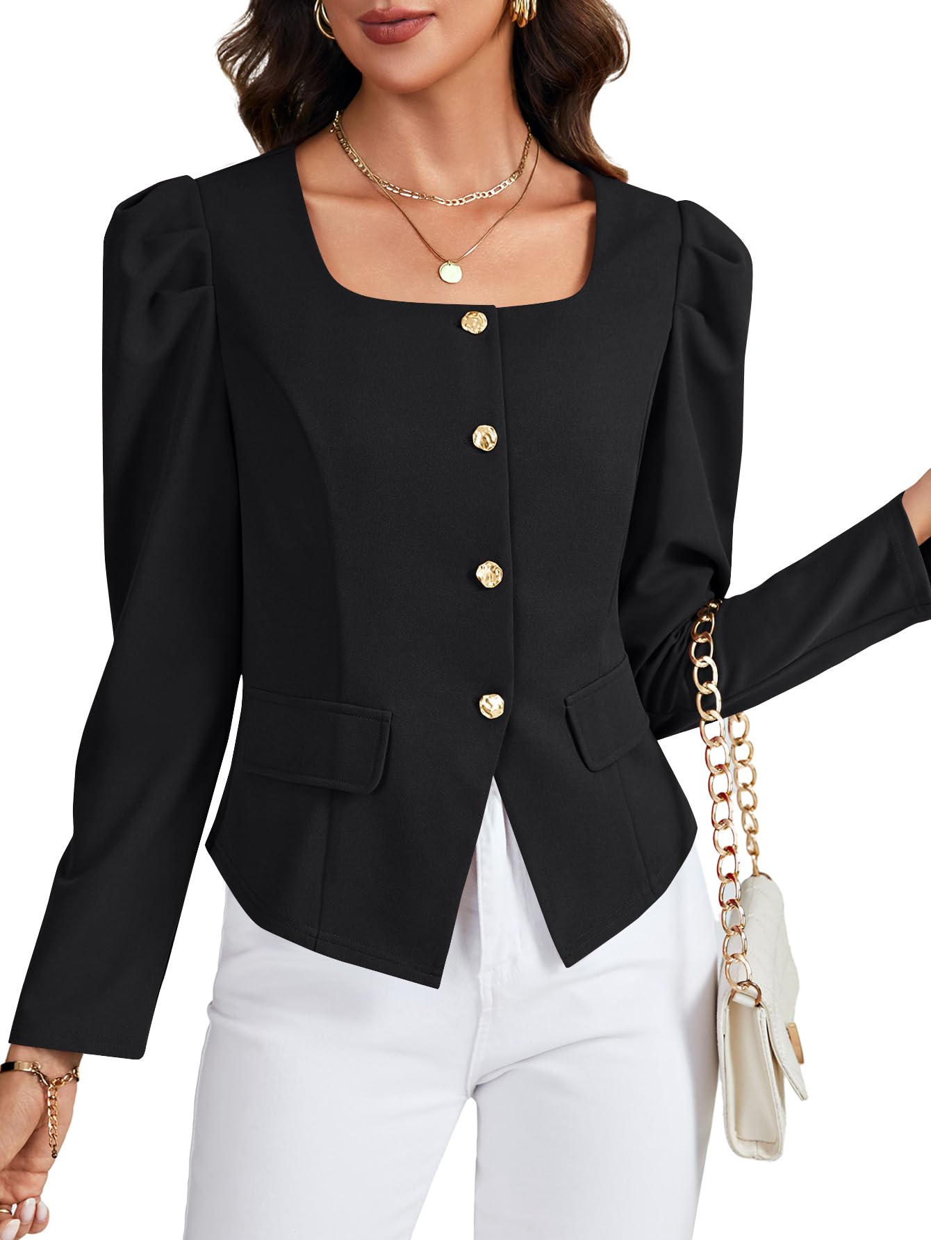 LYANER Womens Square Neck Ruched Long Sleeve Button Down Business Dressy Casual Coat