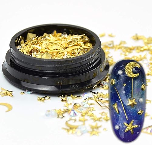 Miniatura 2 de Aretes de uñas dorados 3D, gemas mezcladas con diamantes de imitación brillantes, perlas de cristal, luna hueca, estrella, remaches de metal, dijes