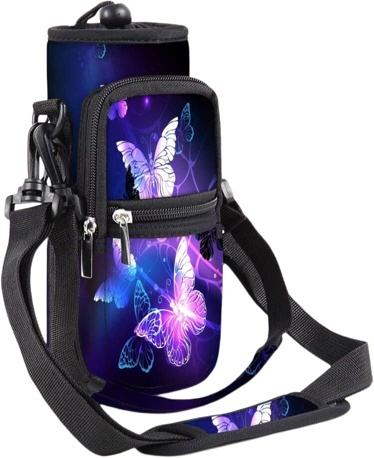 WINTOJOWater Bottle Carrier Bag Holder 25oz 32oz 40oz 64oz Insulated Water Bottle Sling Sleeve Case Cover with Strap Pockets for Men Women School Walking Hiking Running (64oz, Purple Butterfly)