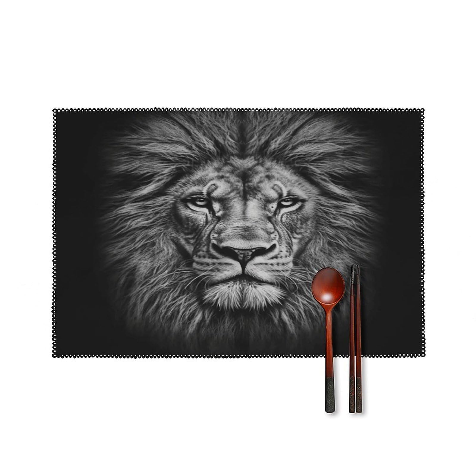 Black and White Lion Head Placemats Set of 6 Non-Slip Stain Resistant Indoor Outdoor Table Mat Washable Cloth Place Mat Fashion Kitchen Placemat for Dining Table Decoration 17.7x11.8 in