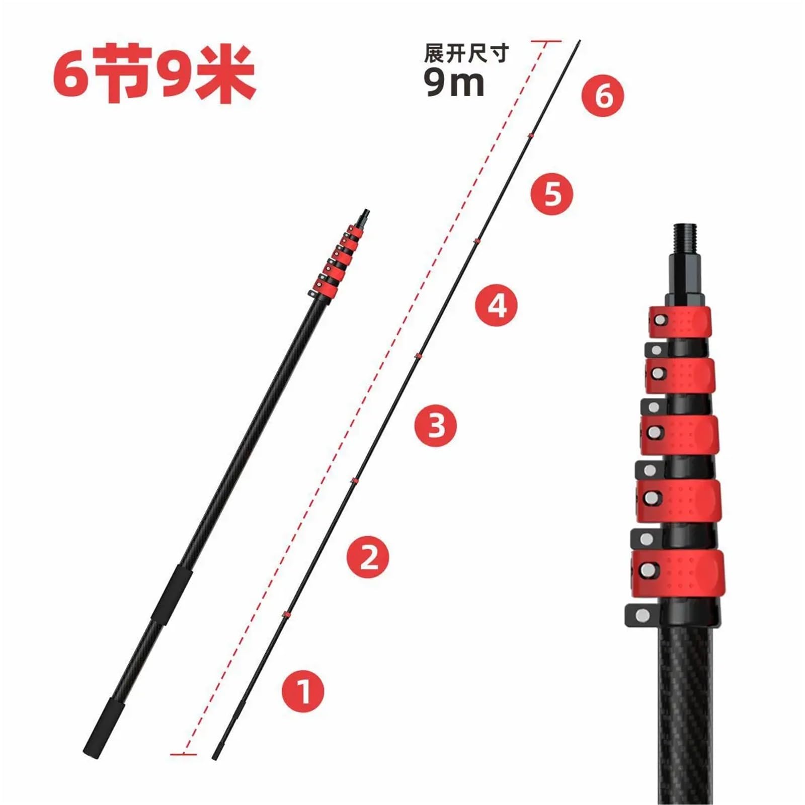 Perche Télescopique en Fibre De Carbone 3K De 35 Pieds, Longueur Personnalisée De 10 M, 12 M, 15 M, avec Verrouillage par Pince(6 Knots 9 Meters)