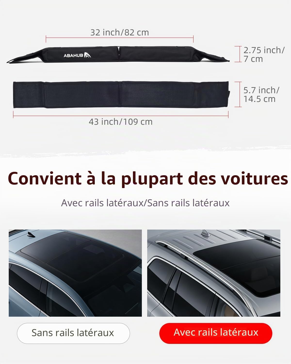 Abahub Coussinets Toit Souples pour Planche Surf, Sup, Kayak, Canoë | avec 4 Sangles D’Arrimage, 2 Cordes D’Arrimage, 2 Bouclese Capot Et Sac Rangement (à Utiliser sans Barre Transversale)