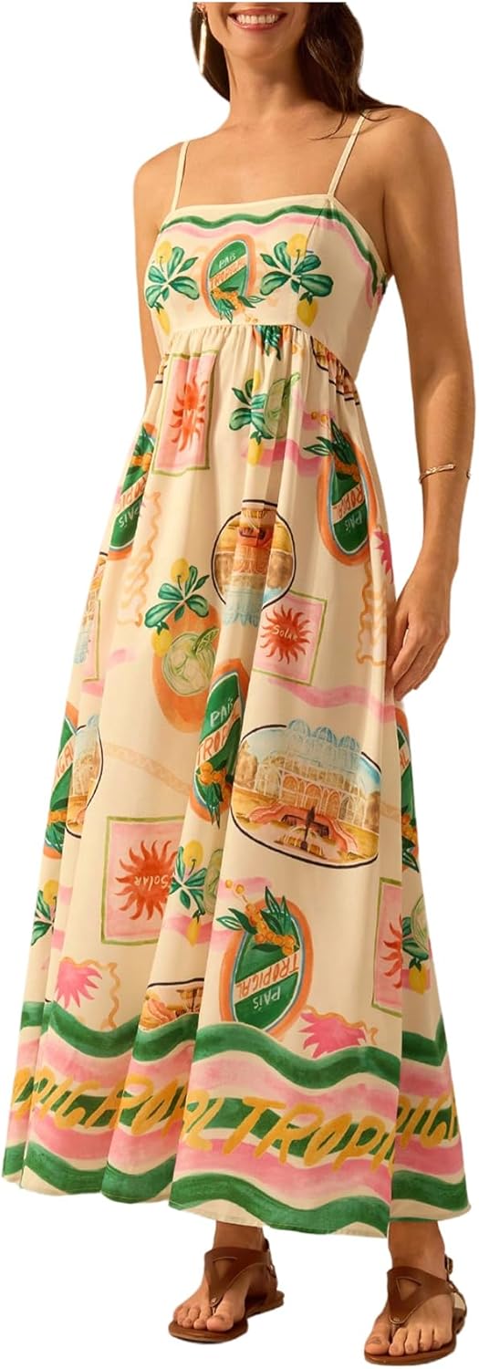 Floerns Women's Summer Boho Spaghetti Strap Maxi Dresses Shirred Beach Dress Flowy Sundress