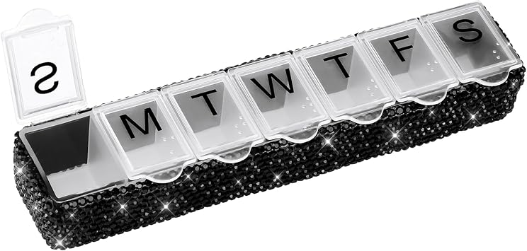 Soleebee Portable Weekly 7 Day Pill Organizer, Bling Crystal Pill Box Case, Travel Pill Planner, Pill Dispenser, Medicine Vitamin Container Organizer Black