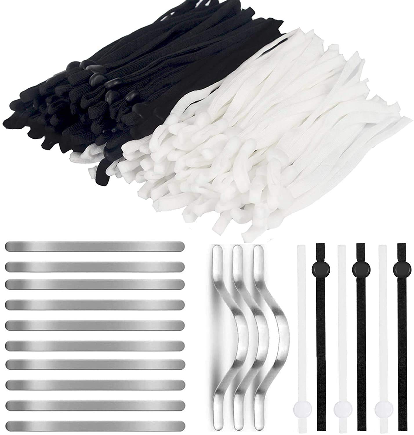 ZINUU 100 Rubber Bands (White & Black) & 50 Nose Clips for Mouth Guard, Community DIY Craft, Rubber Cord with Adjustable Buckles, Cord Metal Arm Mouth Guard Accessories DIY Set
