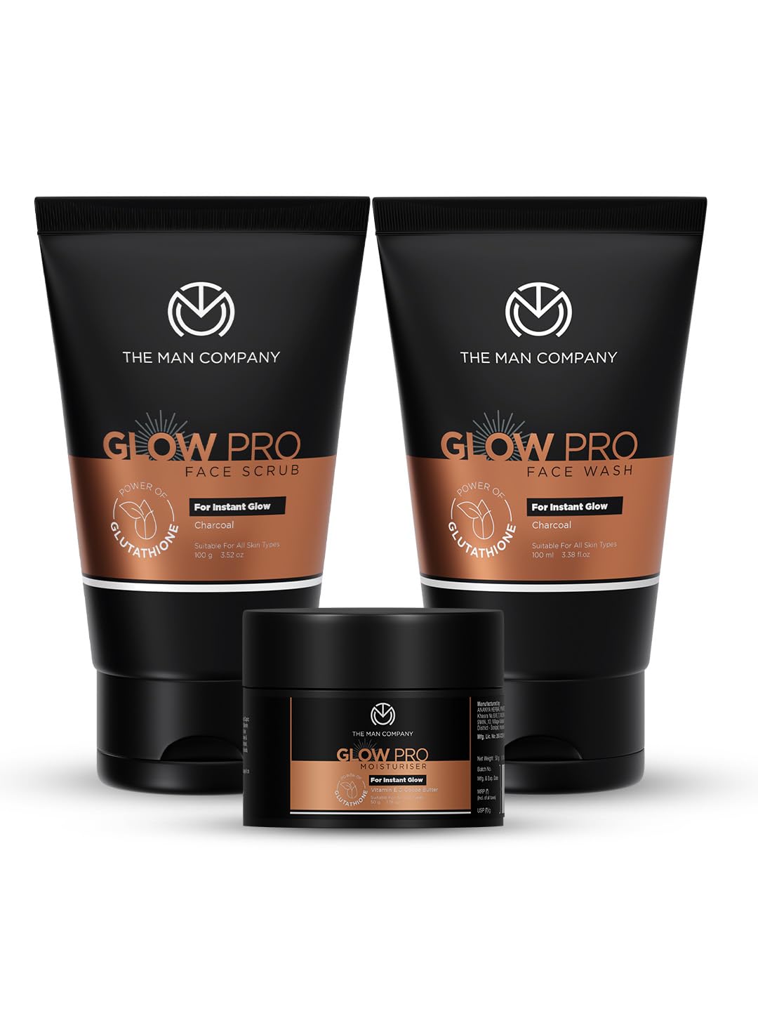 Glow Pro Face Care Kit | Face Wash, Face Scrub & Moisturising Face Cream | Cleanses, Exfoliates & Moisturises | Charcoal, Glutathione, Cocoa Butter & Vitamin E | Gift Set of 3