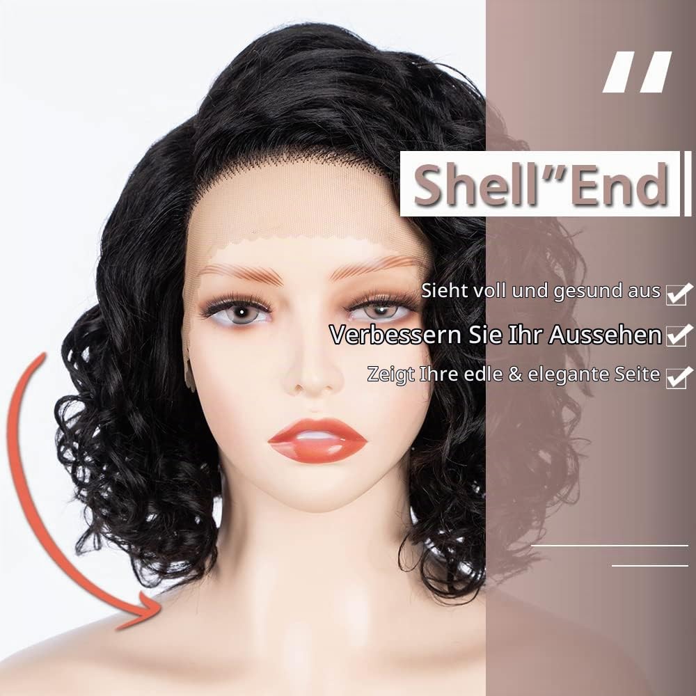 FASHION IDOL Kurz Tief Gewellt Spitzenfront Bob-Perücken für Frauen Echthaar Verworrene Lockige Perücke Seitenteil Schulterlange Perücke Vorgezupft Mit Babyhaar 150% Dichte
