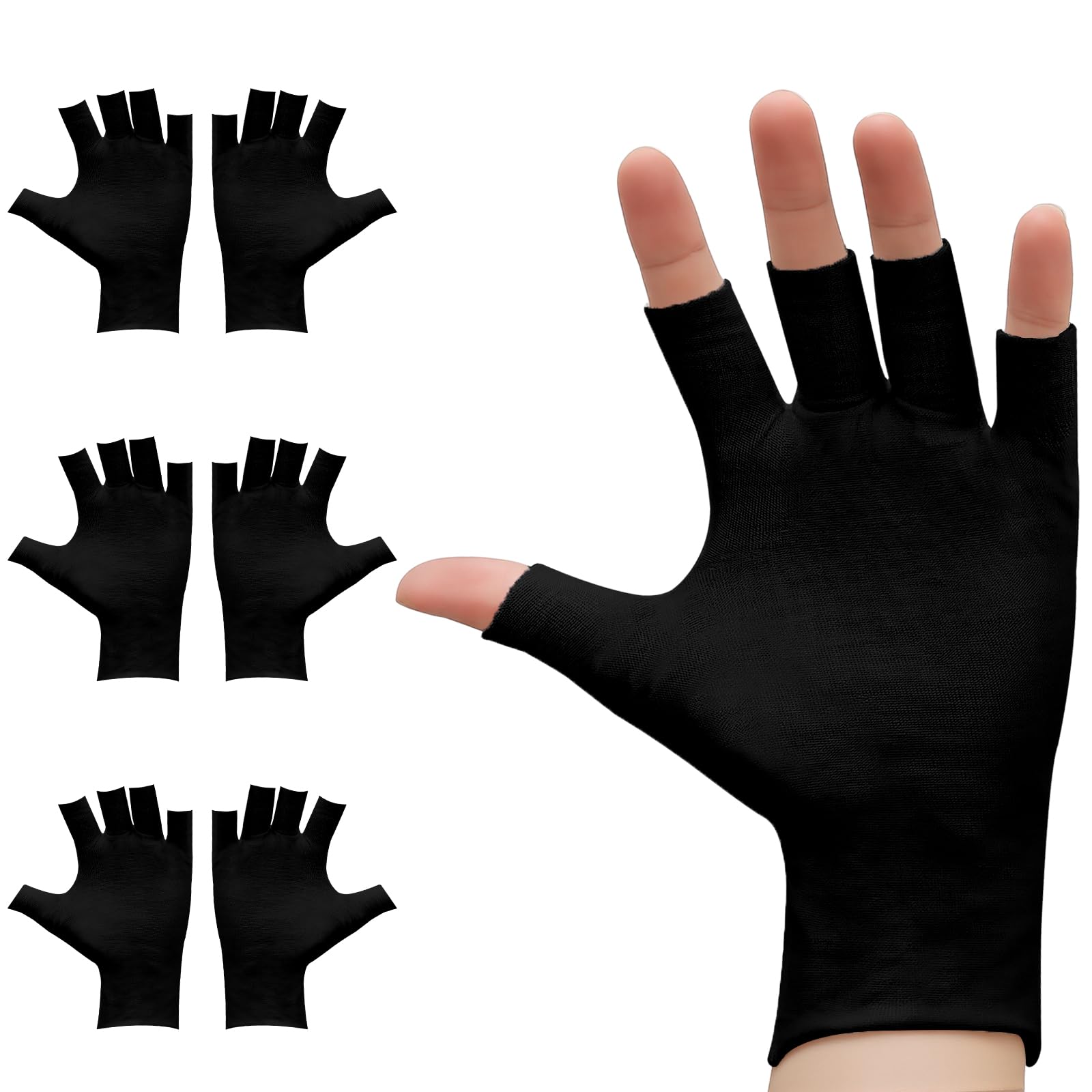 3Pairs Fingerless Cotton Gloves, Black Moisturizing Gloves