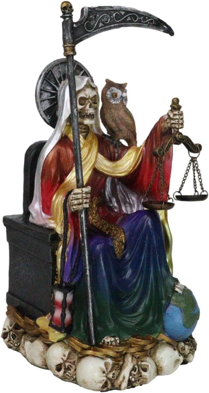 Ebros Gift 9" H Rainbow Tunic Robe Holy Death All Powerful Santa Muerte with Scythe and Scales Sitting On Throne Day of The Dead Decorative Figurine Ossuary Macabre Grim Reaper Skeletons Skull Accent