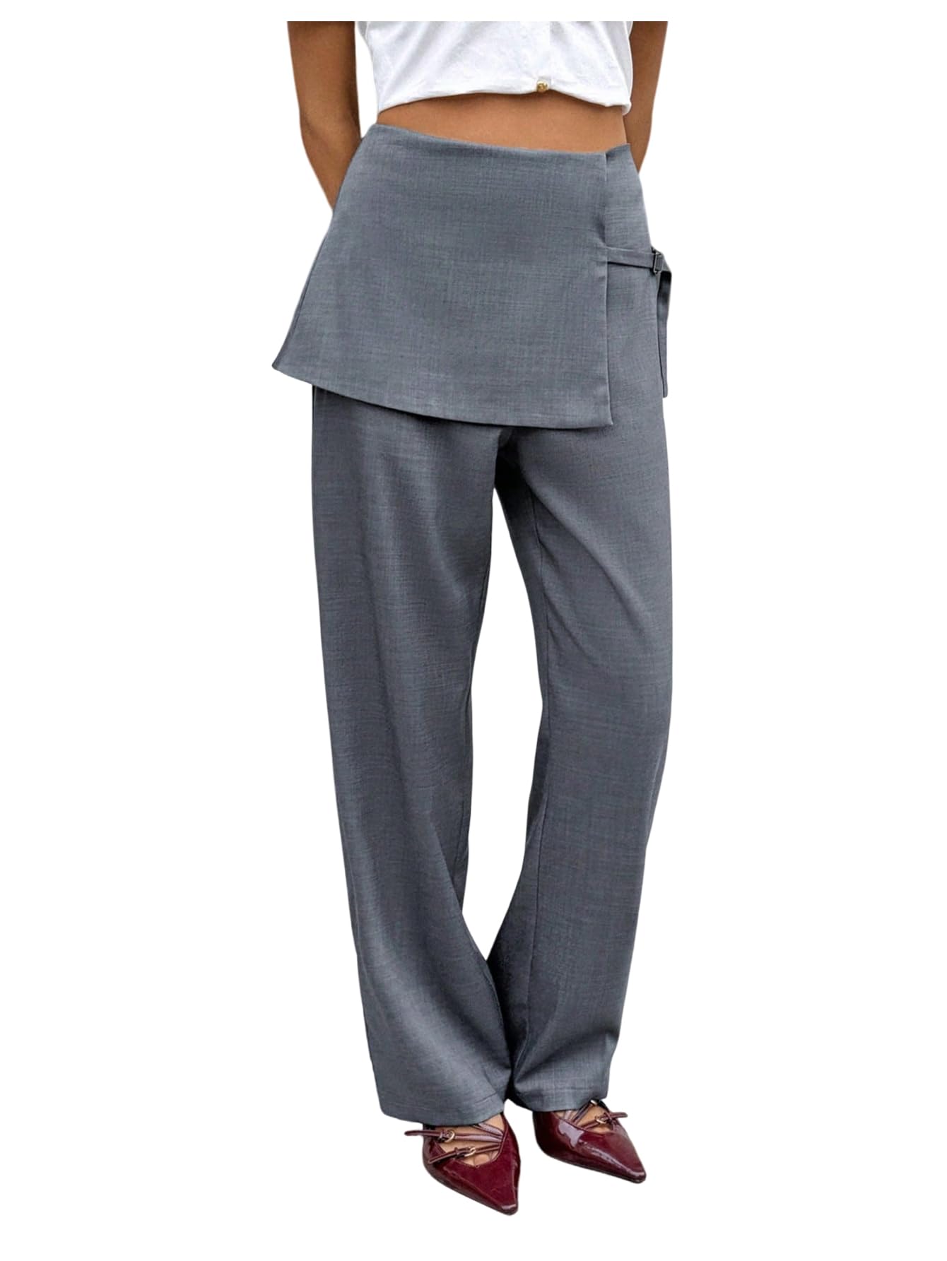 Verdusa Womens Dress Pants Layered Elastic High Waisted Straight Leg Work Office Trousers