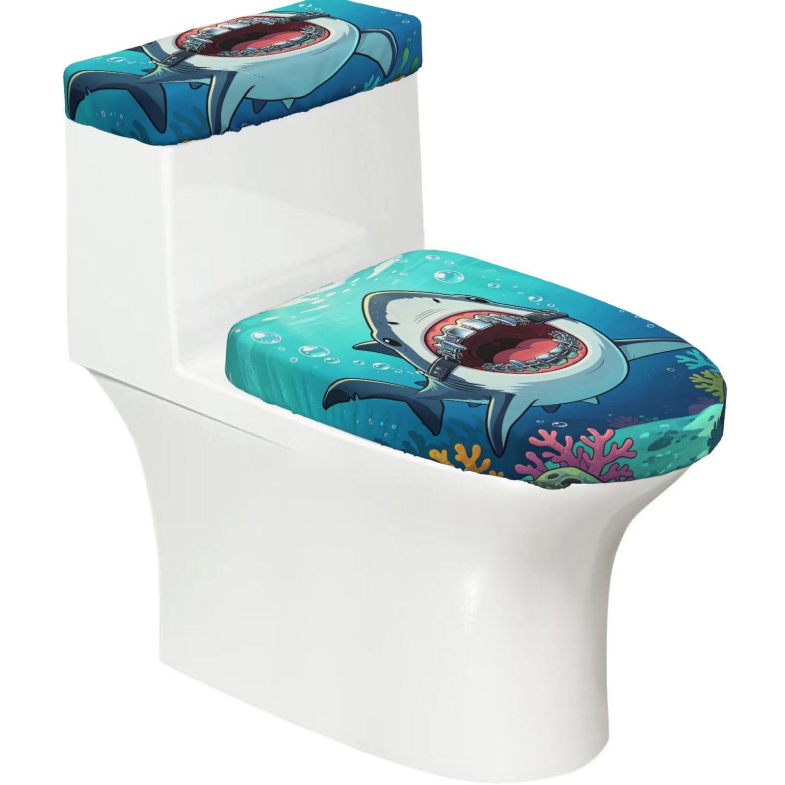 Shark Braces Elastic Toilet Cover Set of 2-Stretchy Lid and Tank Covers for Bathroom, Soft Washable U Shape Toilet Decor