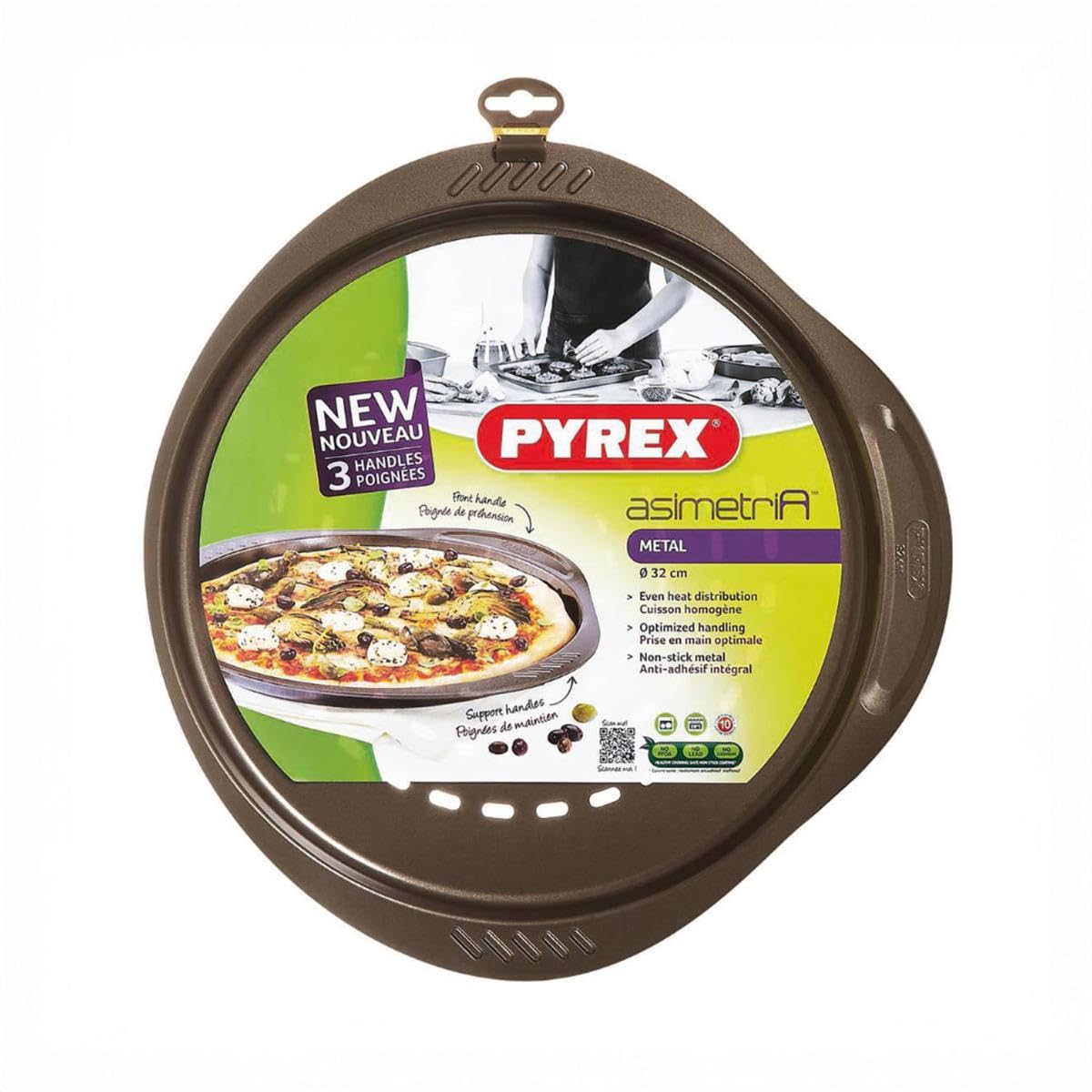 Pyrex 32 cm Large Metal Asimetria Easy-Grip Pizza Pan, Brown