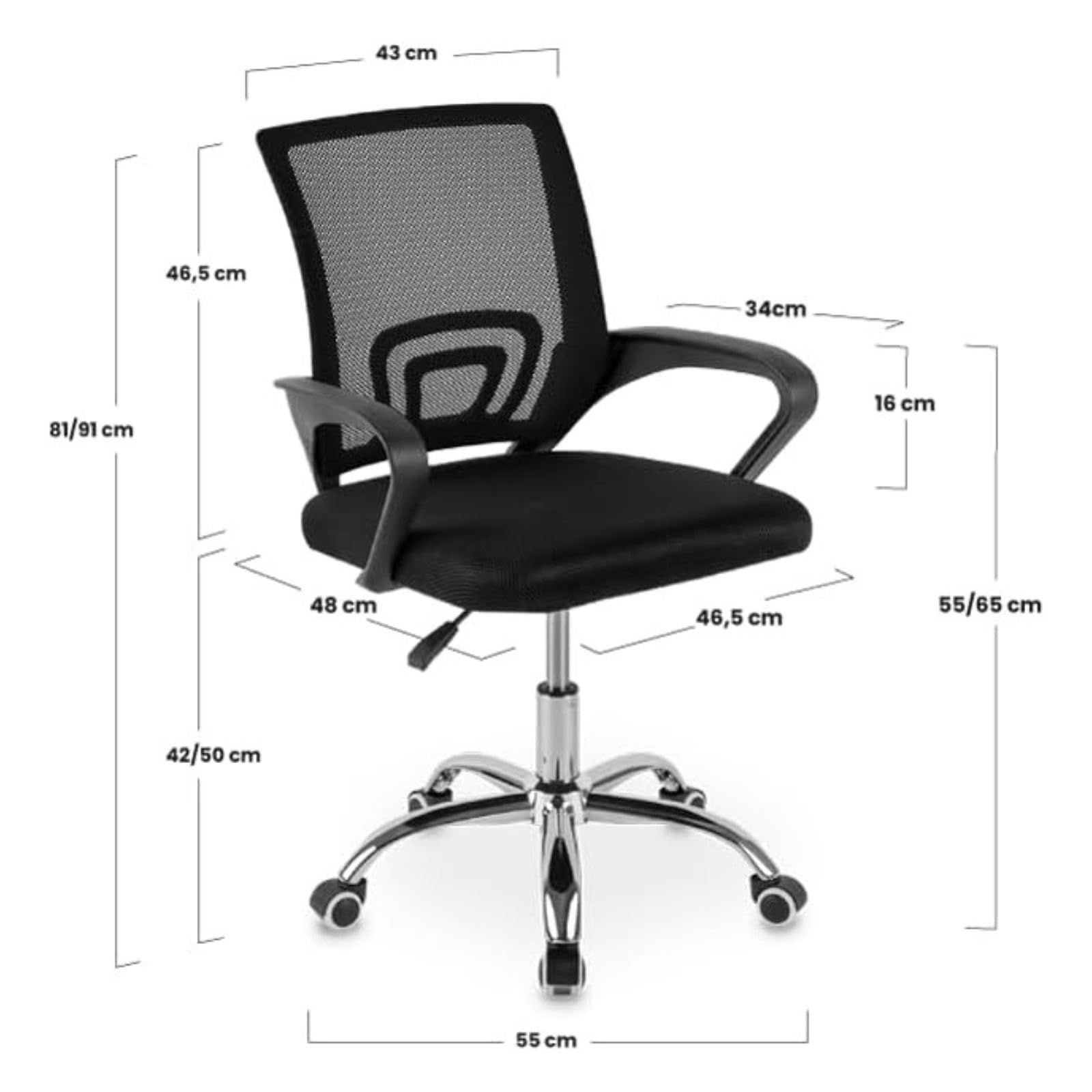 DASCK Silla de Oficina Ergonómica Negra con Respaldo de Malla, Altura Ajustable y Base Giratoria 360°