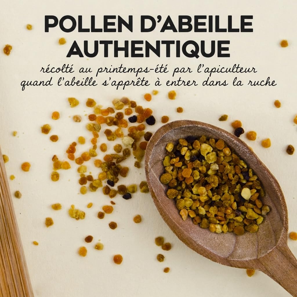 Pollen d'abeille cru et naturel 1 kg.Ce bee pollen doré et parfumé provient d’apiculteurs passionnés. Idéal pour renforcer l’immunité, retrouver énergie et équilibre, et sublimer vos petits déjeuners.