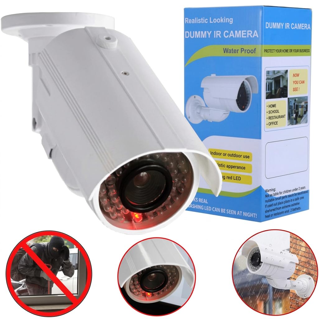 Caméra de surveillance factice avec LED clignotante dans un boîtier protégé contre les intempéries, fausse caméra de sécurité CCTV 720p pour l'intérieur et l'extérieur