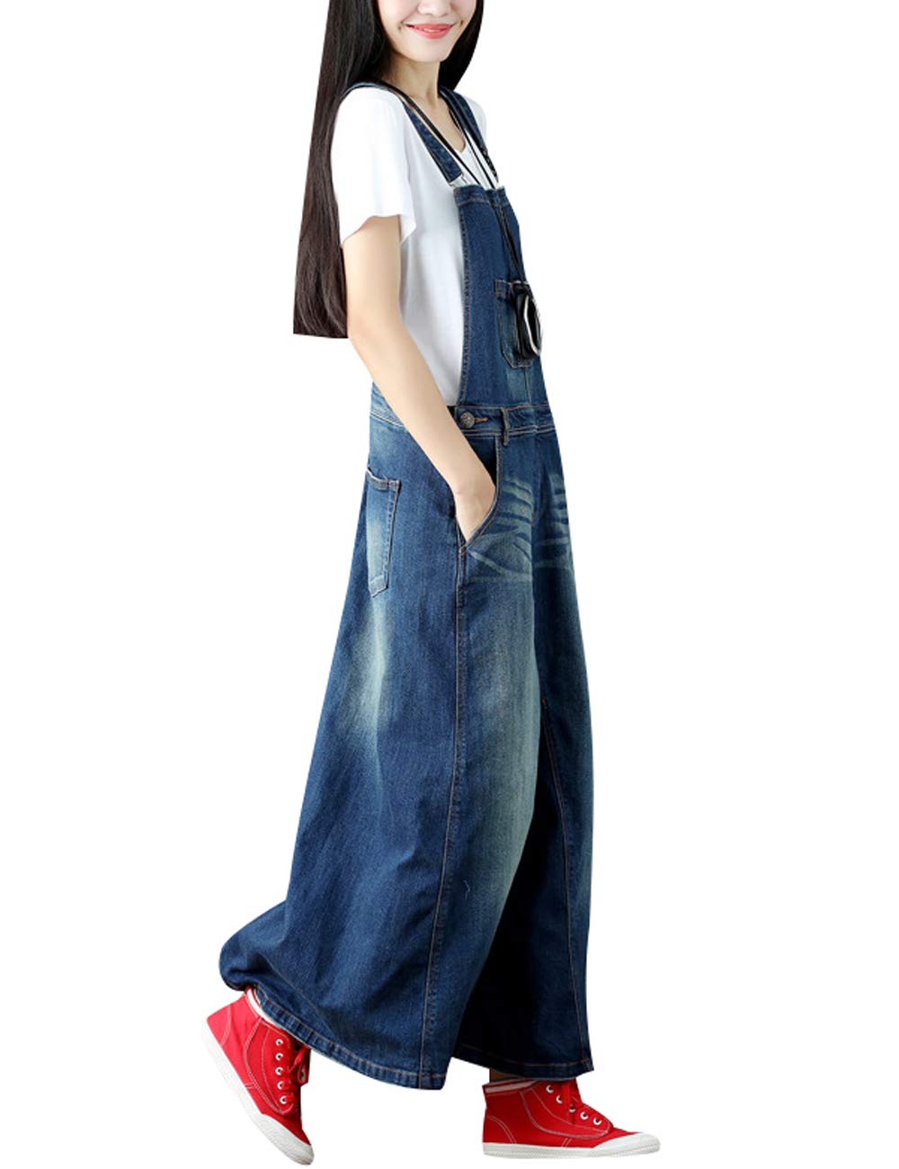 Donna Senza Maniche Denim Tuta Vestito Gonna Lunga a Sospensione