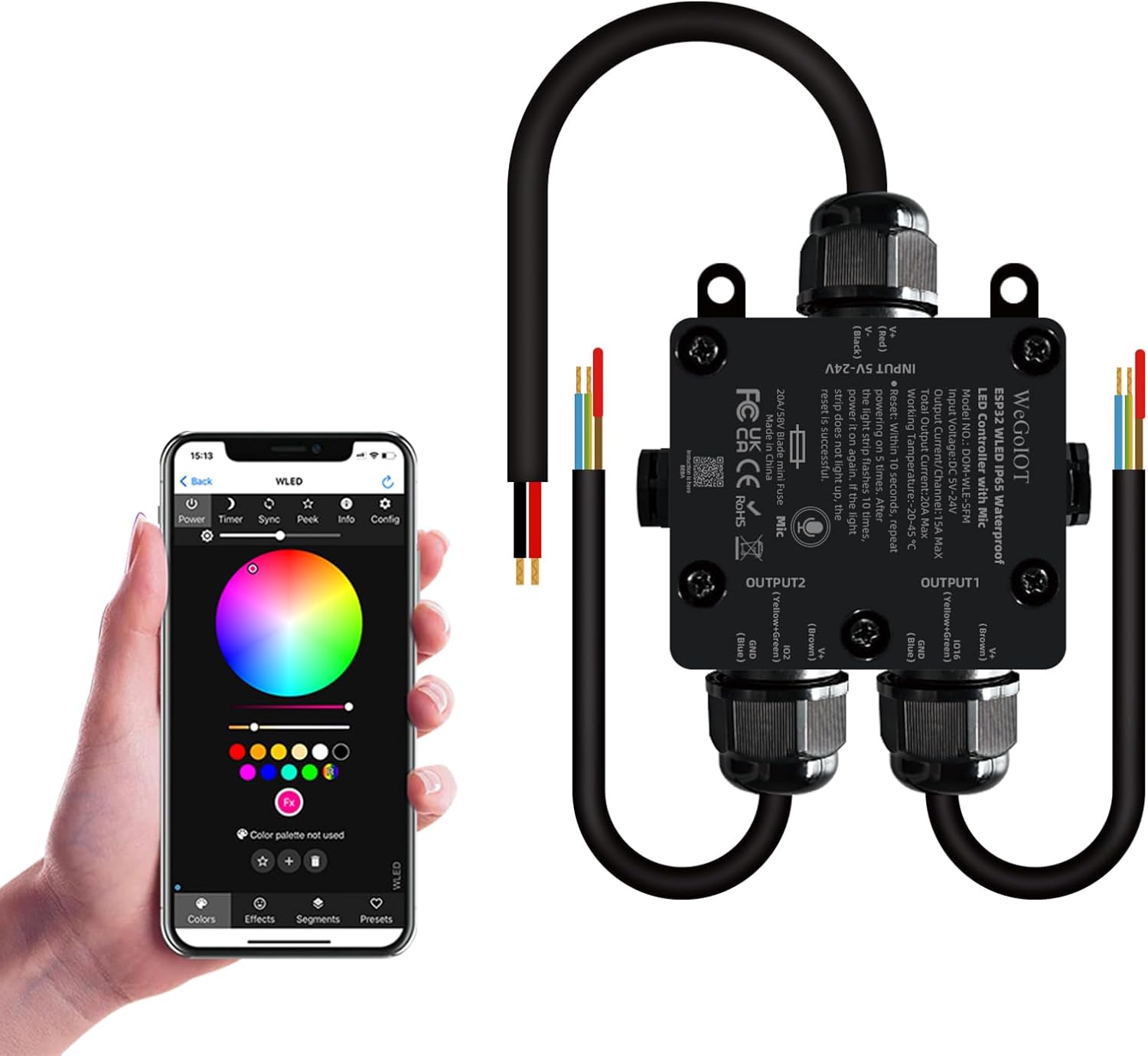 Waterproof ESP32 WLED Controller with Mic , Project for Pool Boat Landscape Outdoor Lights IP65 Dynamic RGB IC DIY Lighting WiFi APP Control for WS2812B DC5-24V RGBW LED Controller (2 Channel)