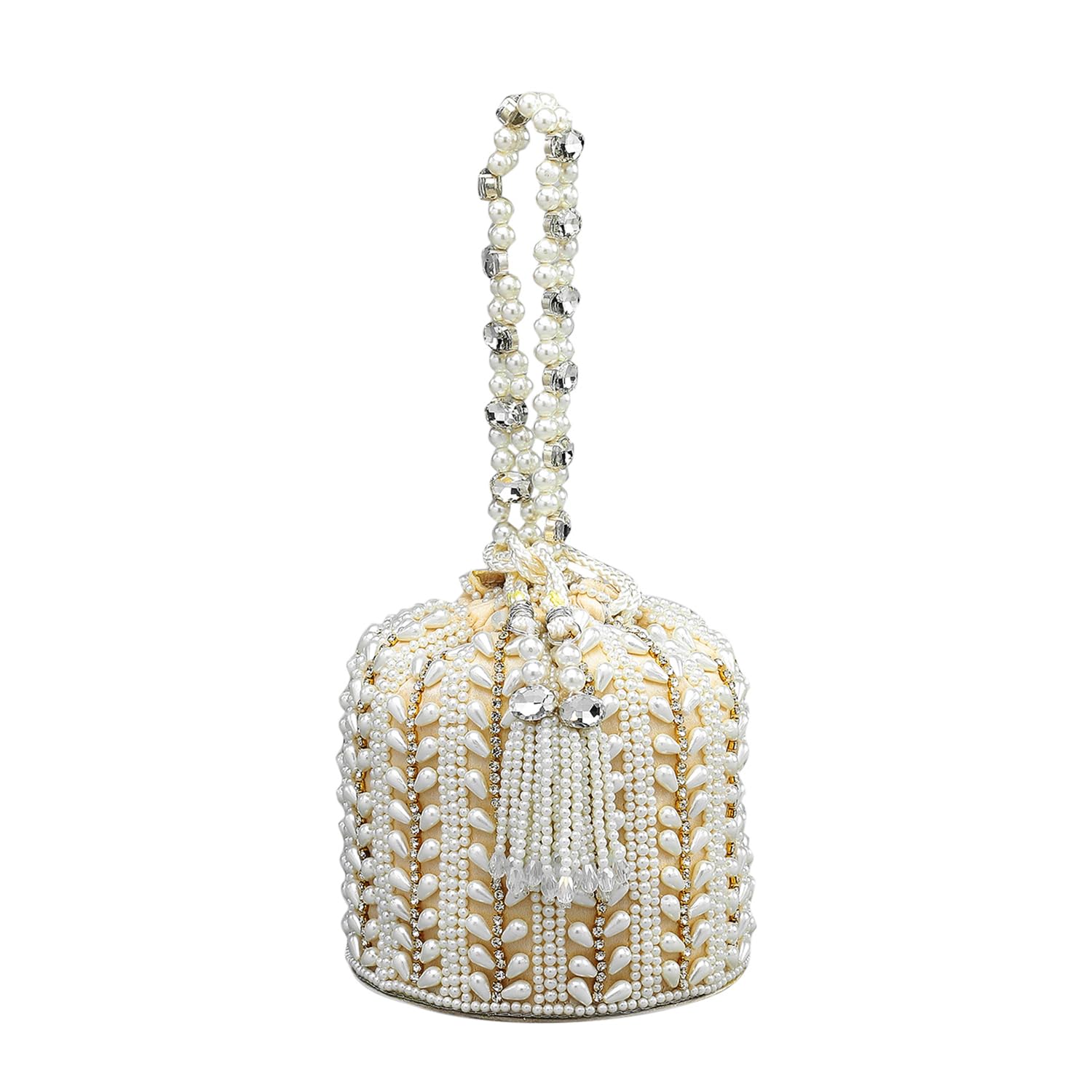 Pearl Embellished Potli Bag Crystal Tassel Potli Handbag Bridal Wedding Gift for Women & Girls-image-6