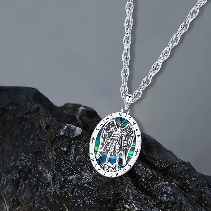 Saint Michael Necklace - St. Michael Archangel Pendant with Prayer Inscription, Stainless Steel Religious Jewelry for Men and Women, Protective Amulet with Abalone Shell Inlay - Image 7