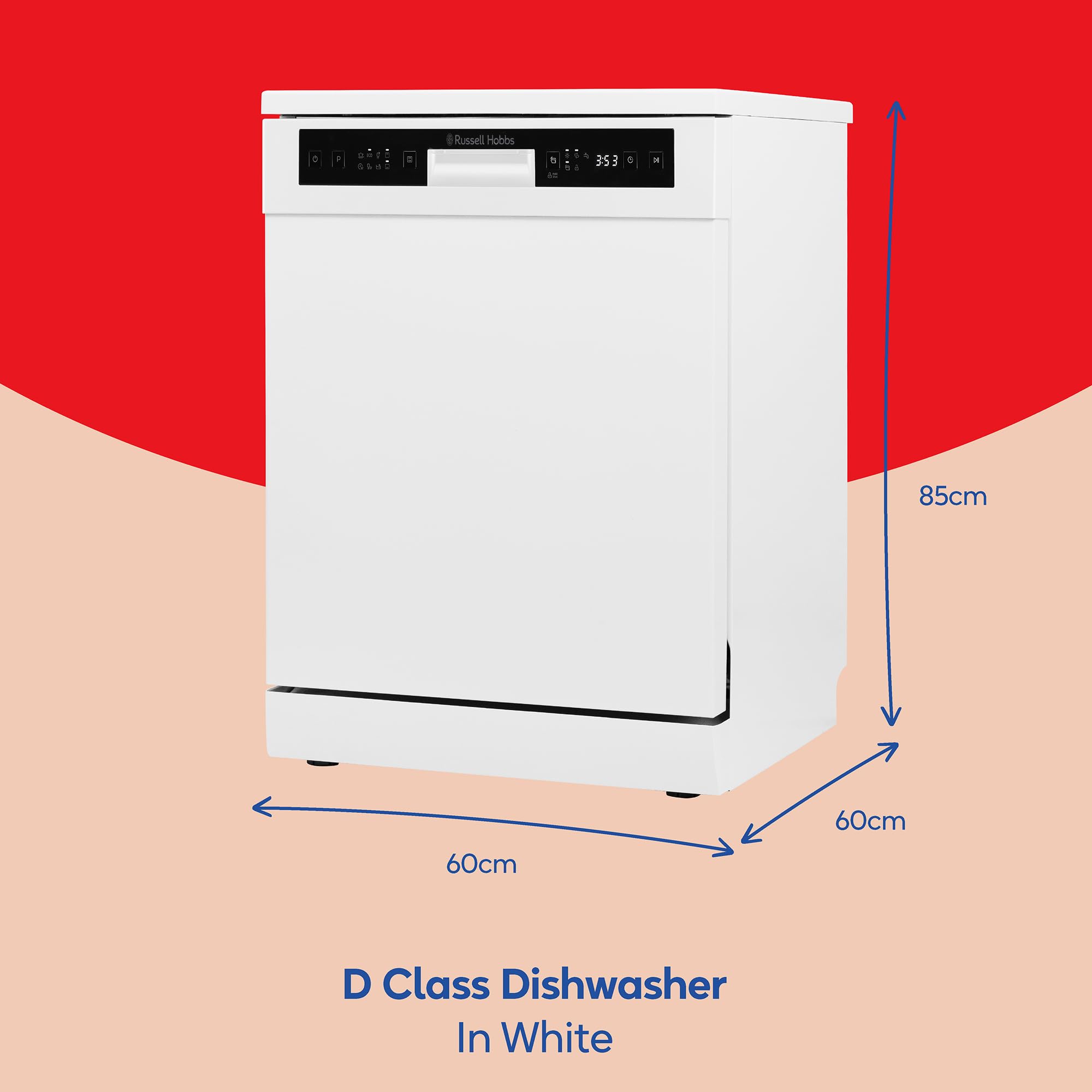Russell Hobbs Freestanding Dishwasher, Class D, 14 Place Settings, 6 Wash Programs, 24-Hour Delay Start, Auto Door Open, 1 x Height Adjustable Basket and Mini Cutlery Tray in White, RH60DW00D2W — view 2