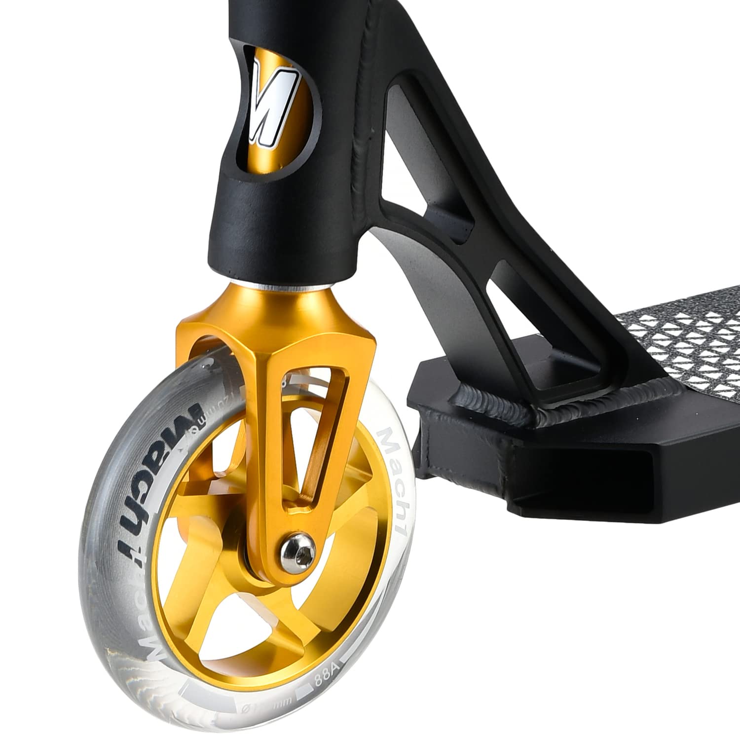 Mach1 Stunt Scooter Kierownica 360° – kółka 120 mm z aluminiowym rdzeniem i łożyskami kulkowymi ABEC 9, hulajnoga, kickscooter, Fun Stunts Trick Roller dla dzieci od 6 lat (czarno-złota z przezroczystymi kółkami)