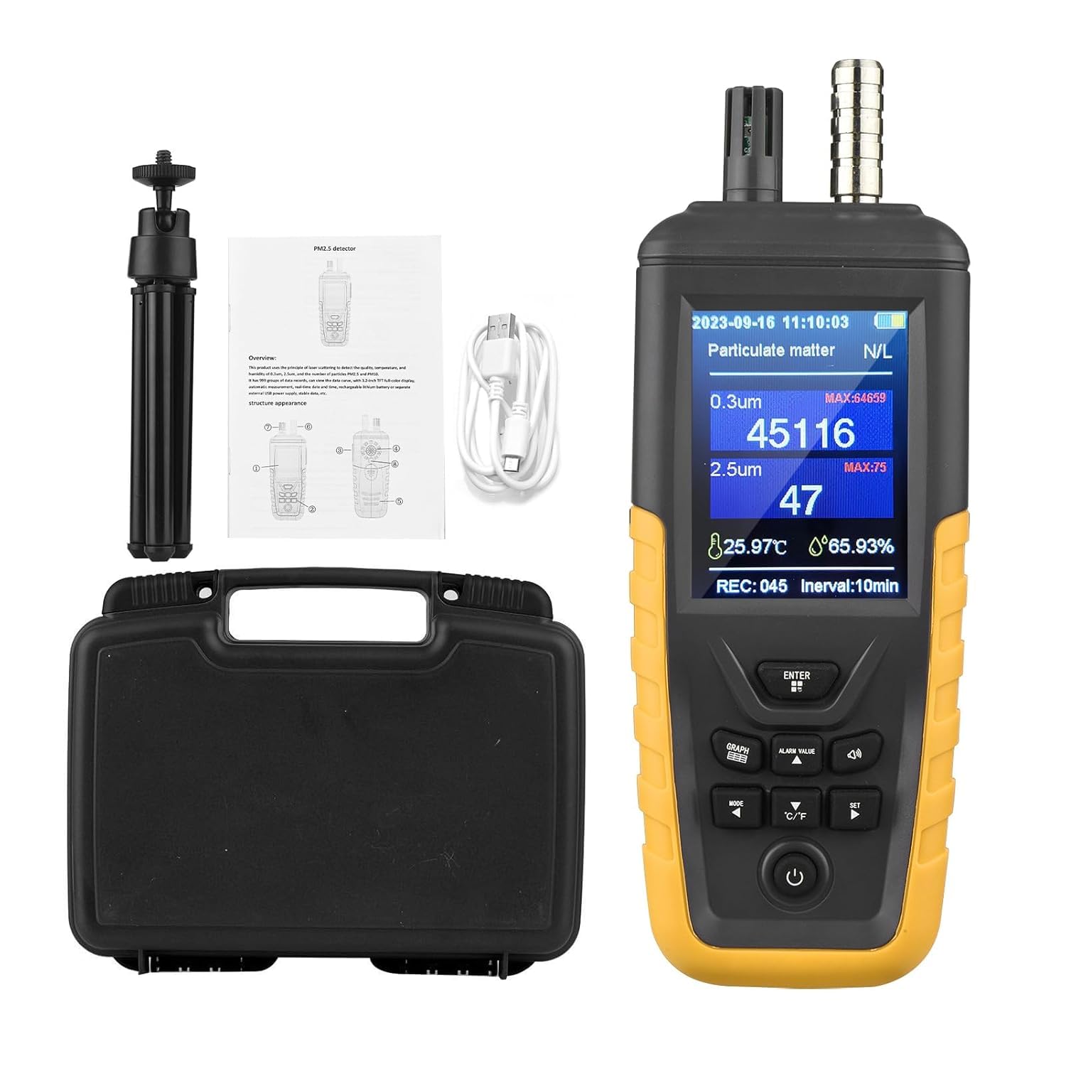 Monitor de Calidad del Aire, Medidor de CO2 Monitor de Partículas PM0.3/2.5/10um, Monitor de Temperatura y Humedad de 3 Canales Altamente Sensible 0~1000μg/m³USB Recargable