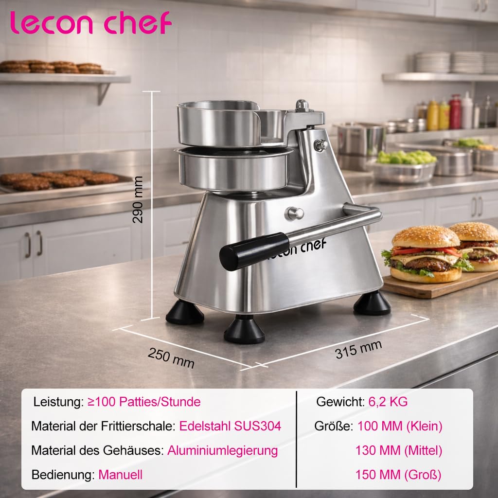 Burgerpresse Edelstahl 3 Umwandelbaren Formen 100/130/150mm, Manueller Burger Patty Presse mit 1200 Patty-Papieren