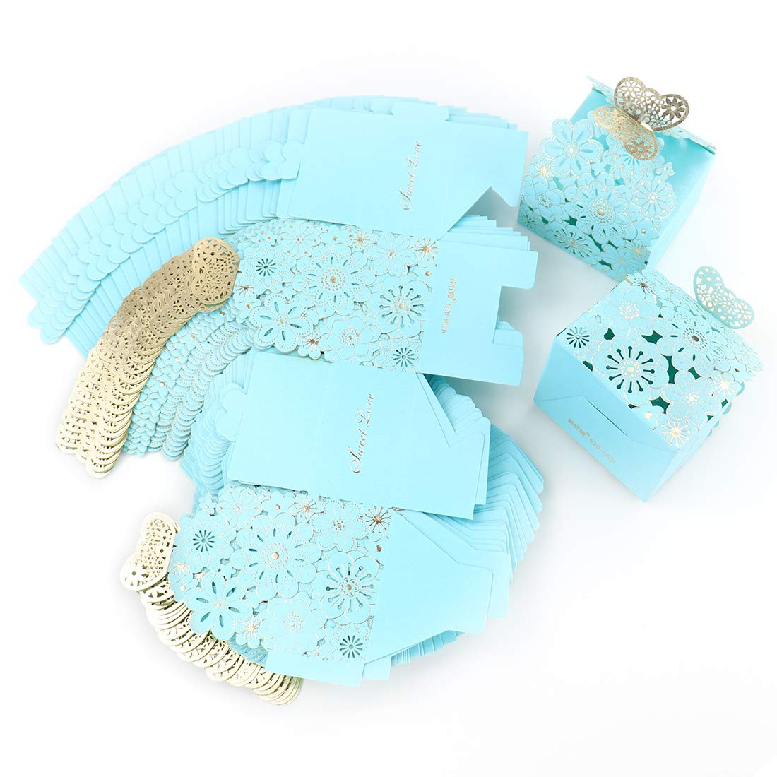 Kslong 50 Stück/Set Blumen Schmetterling hohle Süßigkeiten Box Kekse Geschenkboxen Romantische Hochzeit Gastgeschenke Niedliche Schokoladenbox für Hochzeit Braut Geburtstag Party Zubehör (Blau, S)