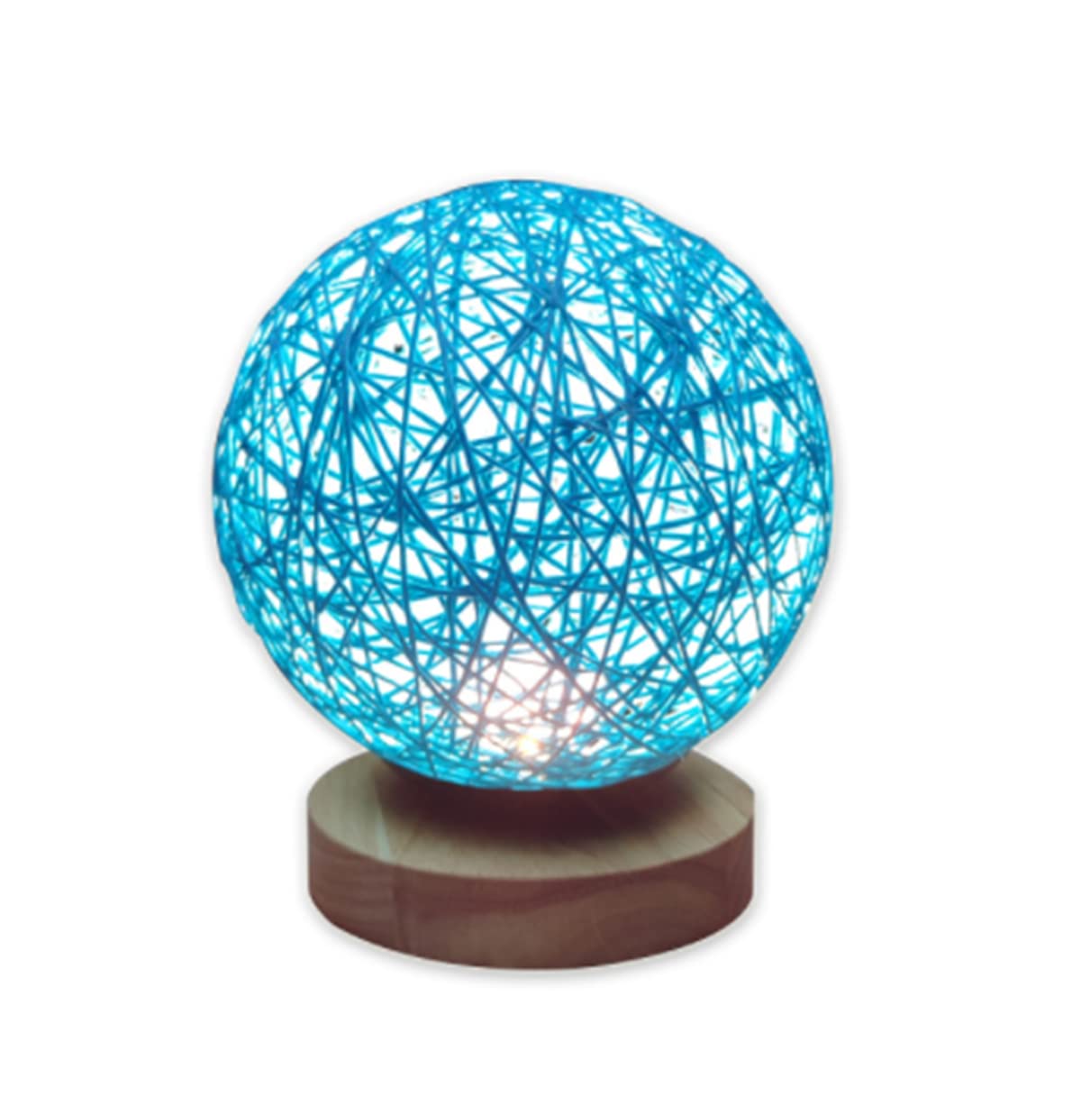 AALIN LED Table Light, Wooden Night Light Bedside Lamp Rattan Ball Desk Lamp USB Powered Reading Lamp Children Room Decoration Lamp Office Desk Lamp (Round Frame, Blue)