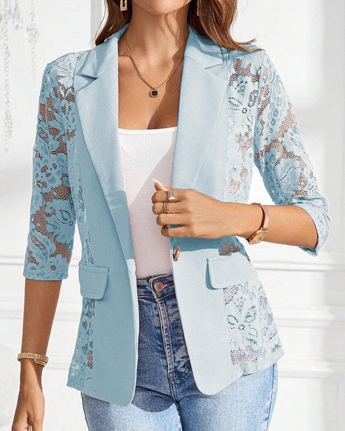 Women's Lapel Neck Lace Patch Sheer Blazer Coat Single Button Flap Night Out Party Spring Casual Office Chic Elegant Outfit